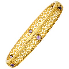 Art Nouveau Amethyst 14 Karat Gold Scrolled Filigree Bangle Bracelet