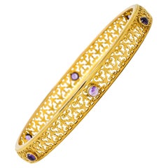Art Nouveau Amethyst 14 Karat Gold Scrolled Filigree Bangle Bracelet