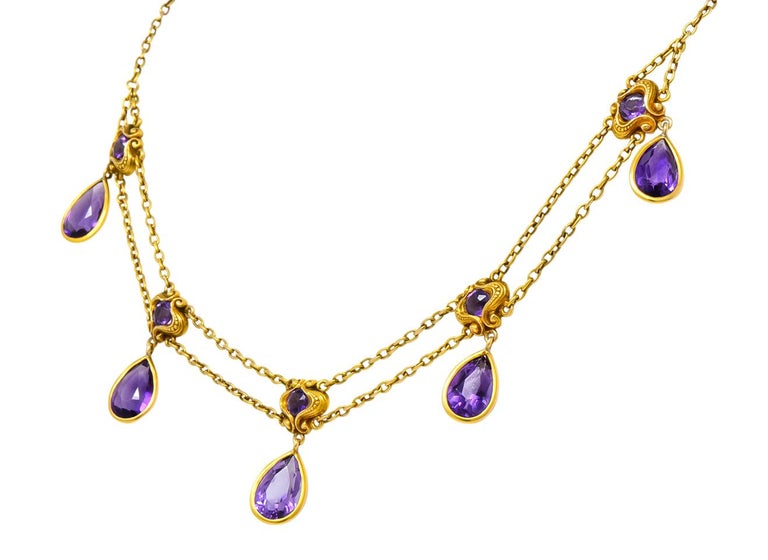 Art Nouveau Amethyst 14 Karat Gold Swag Style Necklace For Sale at 1stdibs