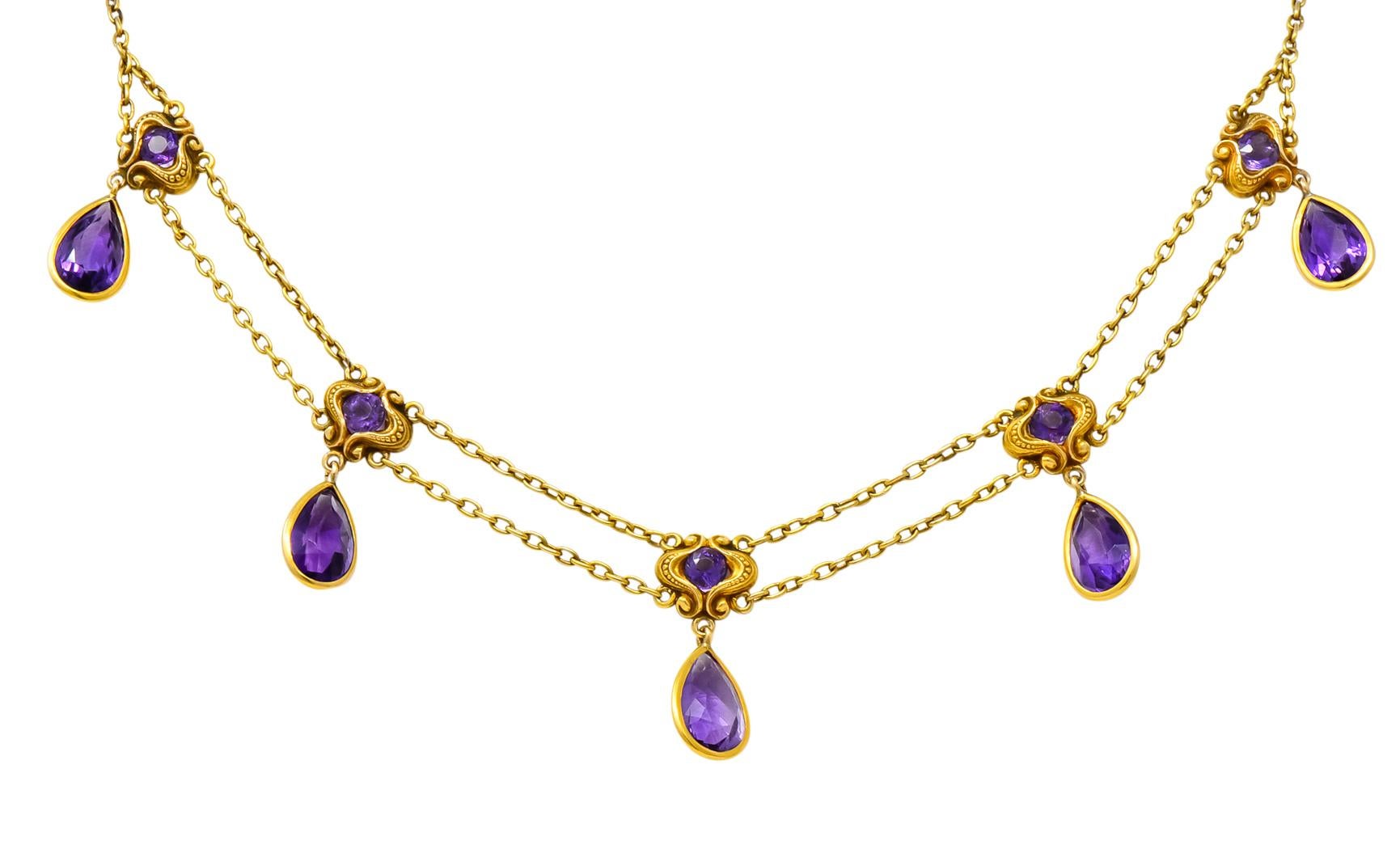 Art Nouveau Amethyst 14 Karat Gold Swag Style Necklace In Excellent Condition In Philadelphia, PA
