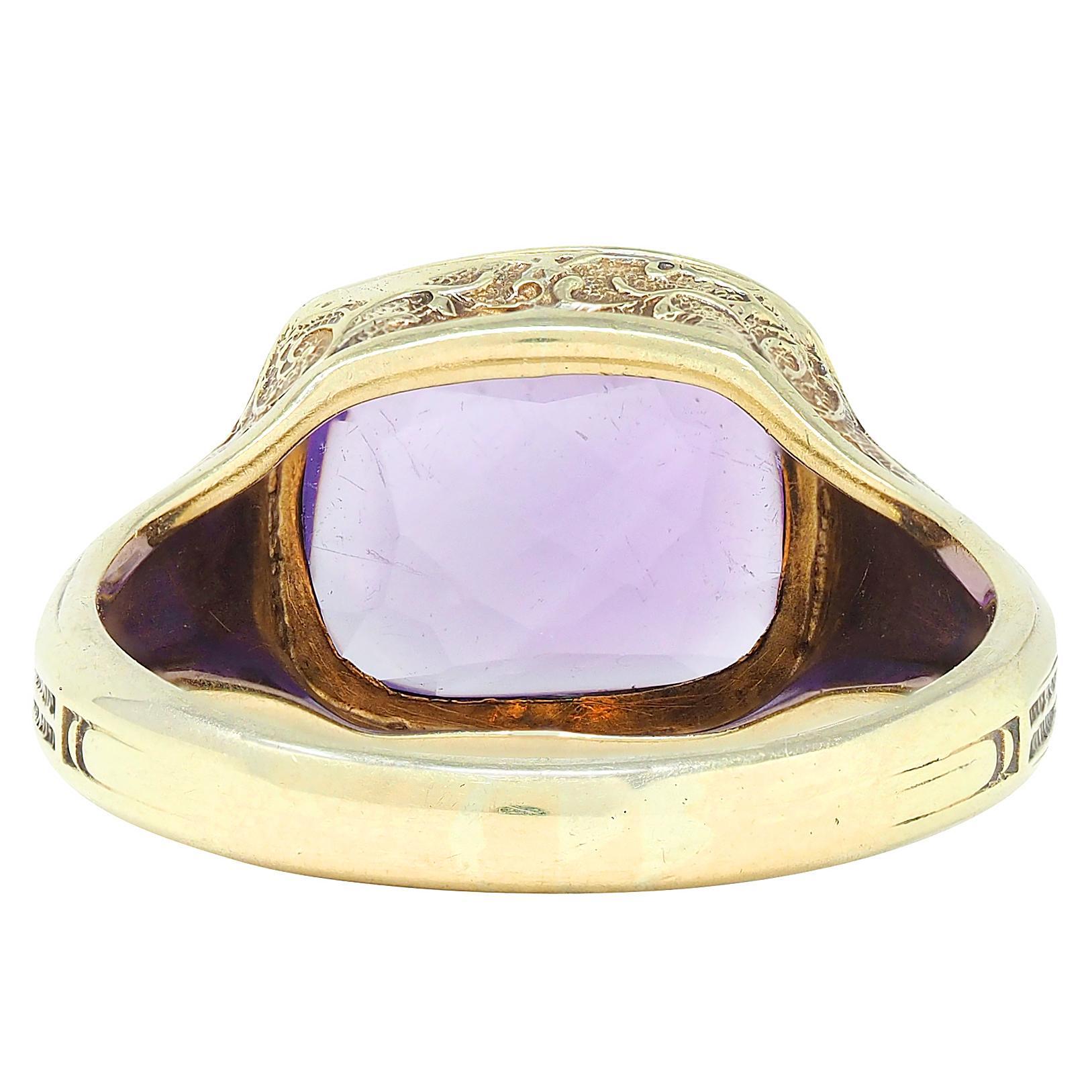 Anello con ametista Art Nouveau in oro giallo 14 carati, anello con vite floreale a scorrimento antico In condizioni ottime in vendita a Philadelphia, PA