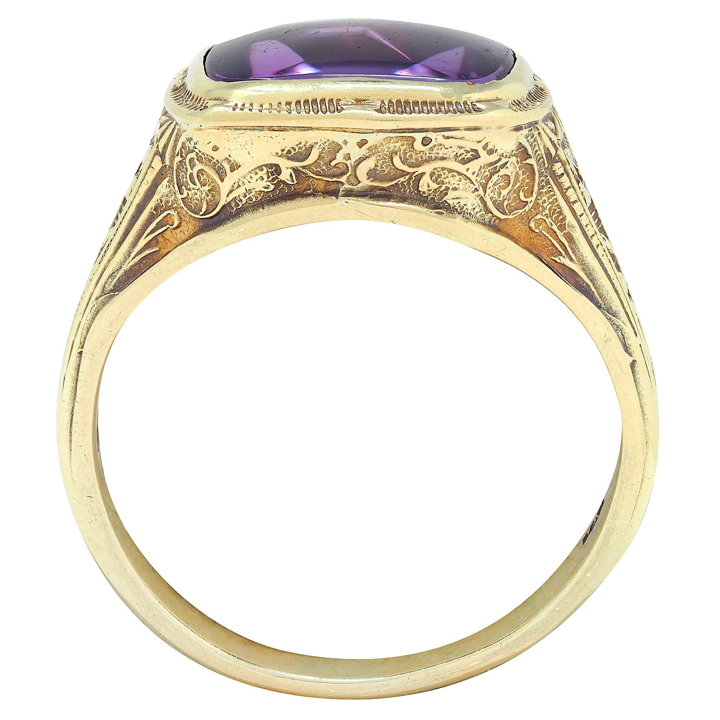 Anello con ametista Art Nouveau in oro giallo 14 carati, anello con vite floreale a scorrimento antico in vendita 1