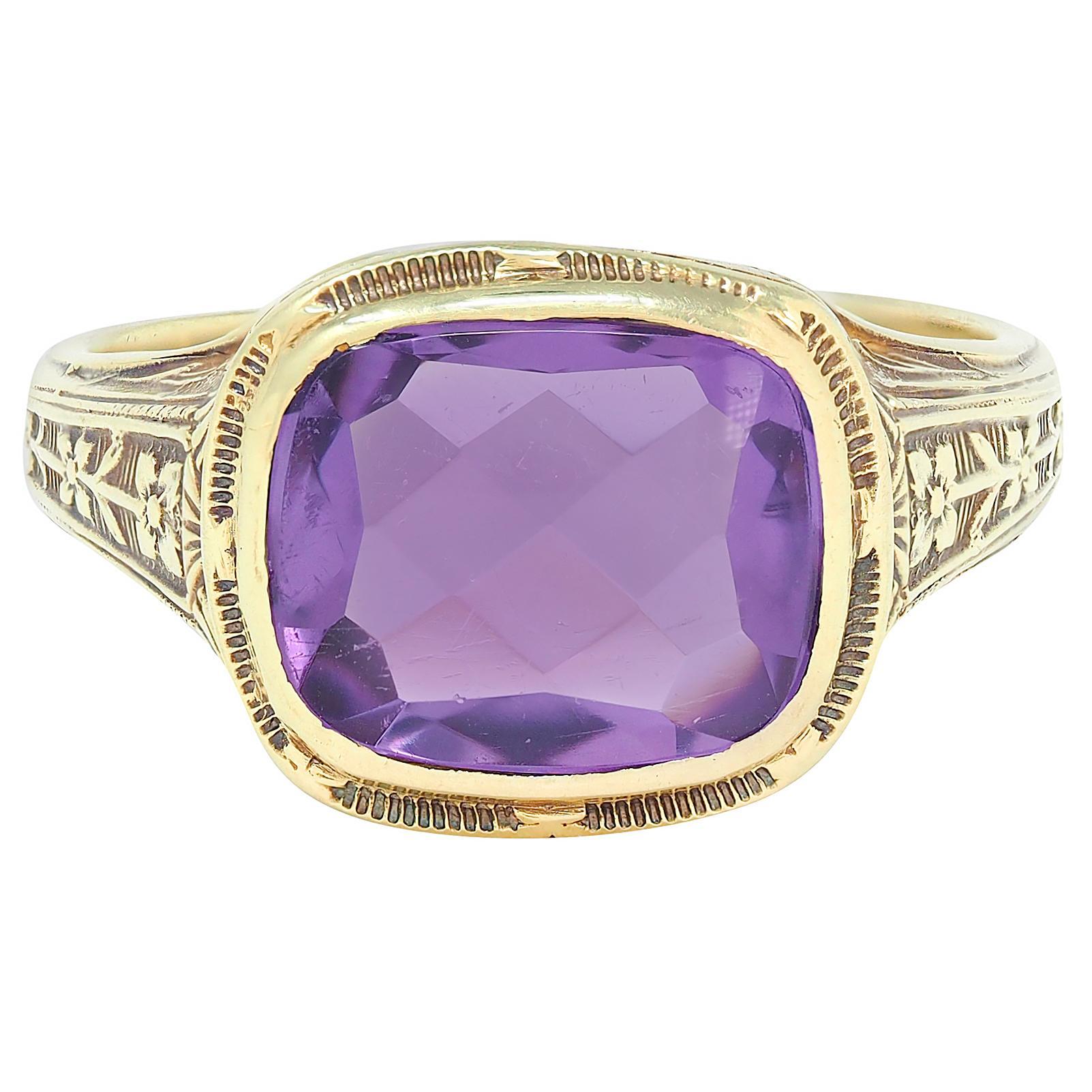 Anello con ametista Art Nouveau in oro giallo 14 carati, anello con vite floreale a scorrimento antico in vendita