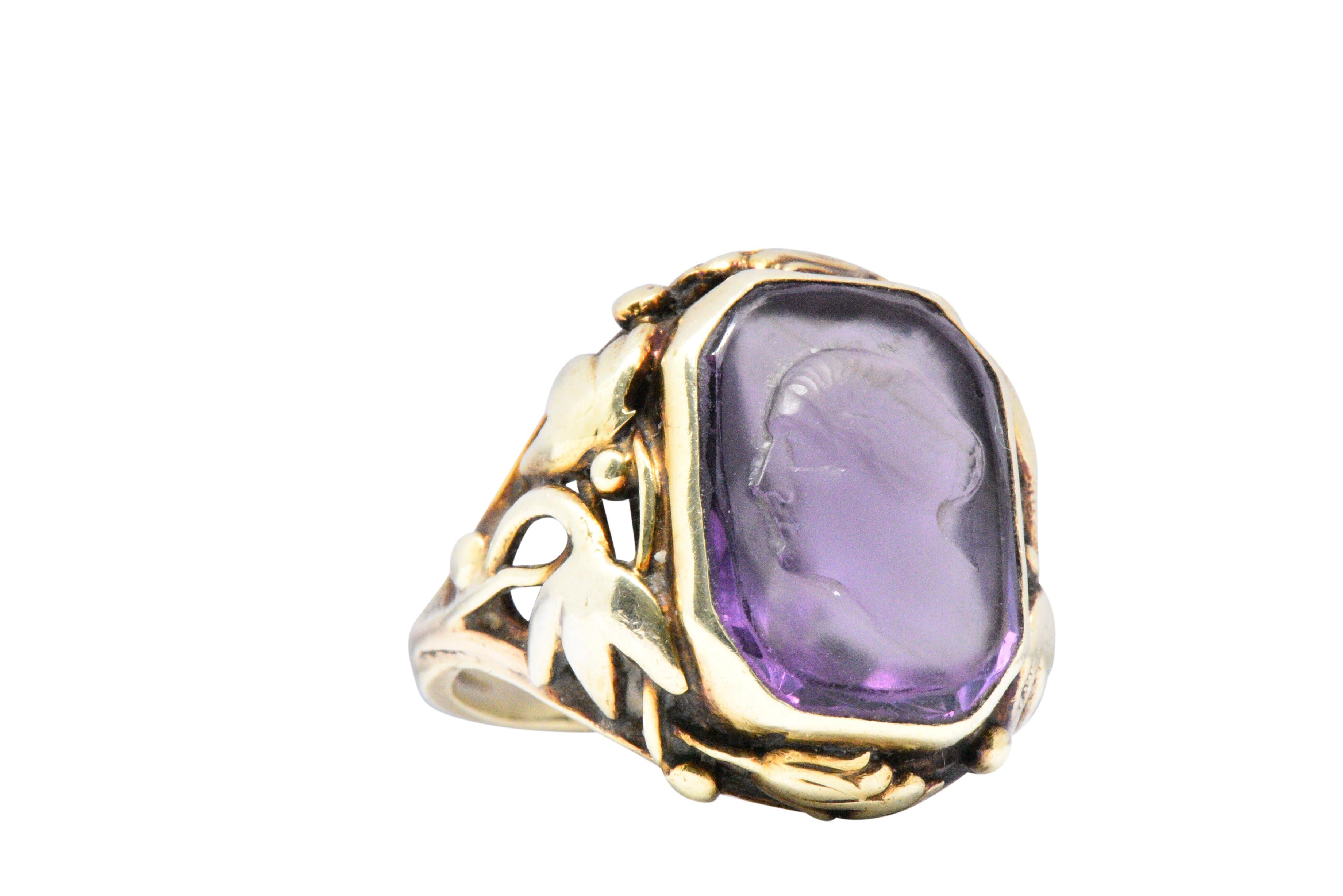 Art Nouveau Amethyst and 14 Karat Green Gold Cameo Ring In Good Condition In Philadelphia, PA