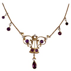 Art Nouveau Amethyst and Pearl 14 Karat Yellow Gold Swag Necklace