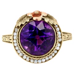 Antique Art Nouveau Amethyst and Seed Pearl 14k Gold Ring