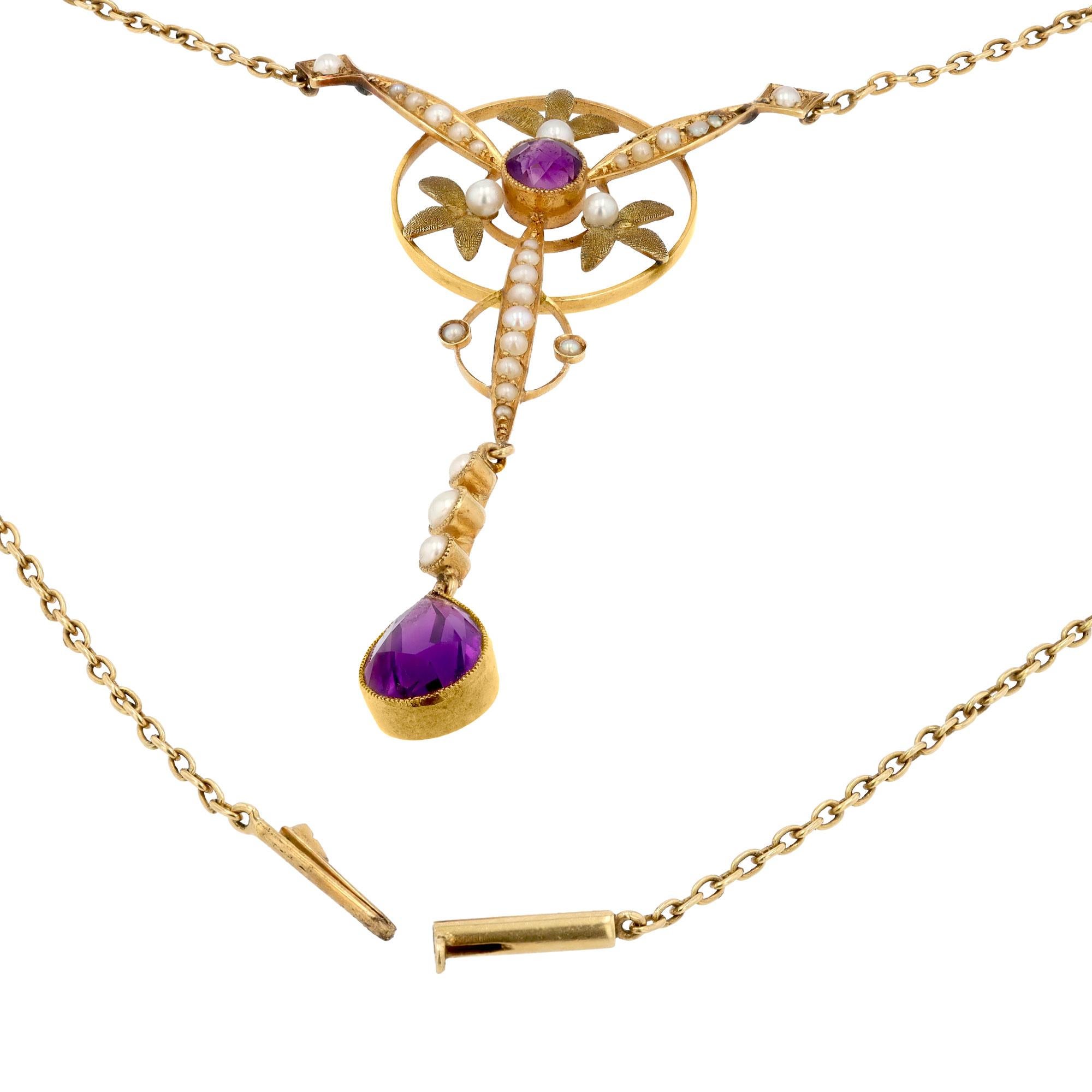 Taglio a goccia Collana Lavalier Art Nouveau con ametista e perle di mare 18k in vendita