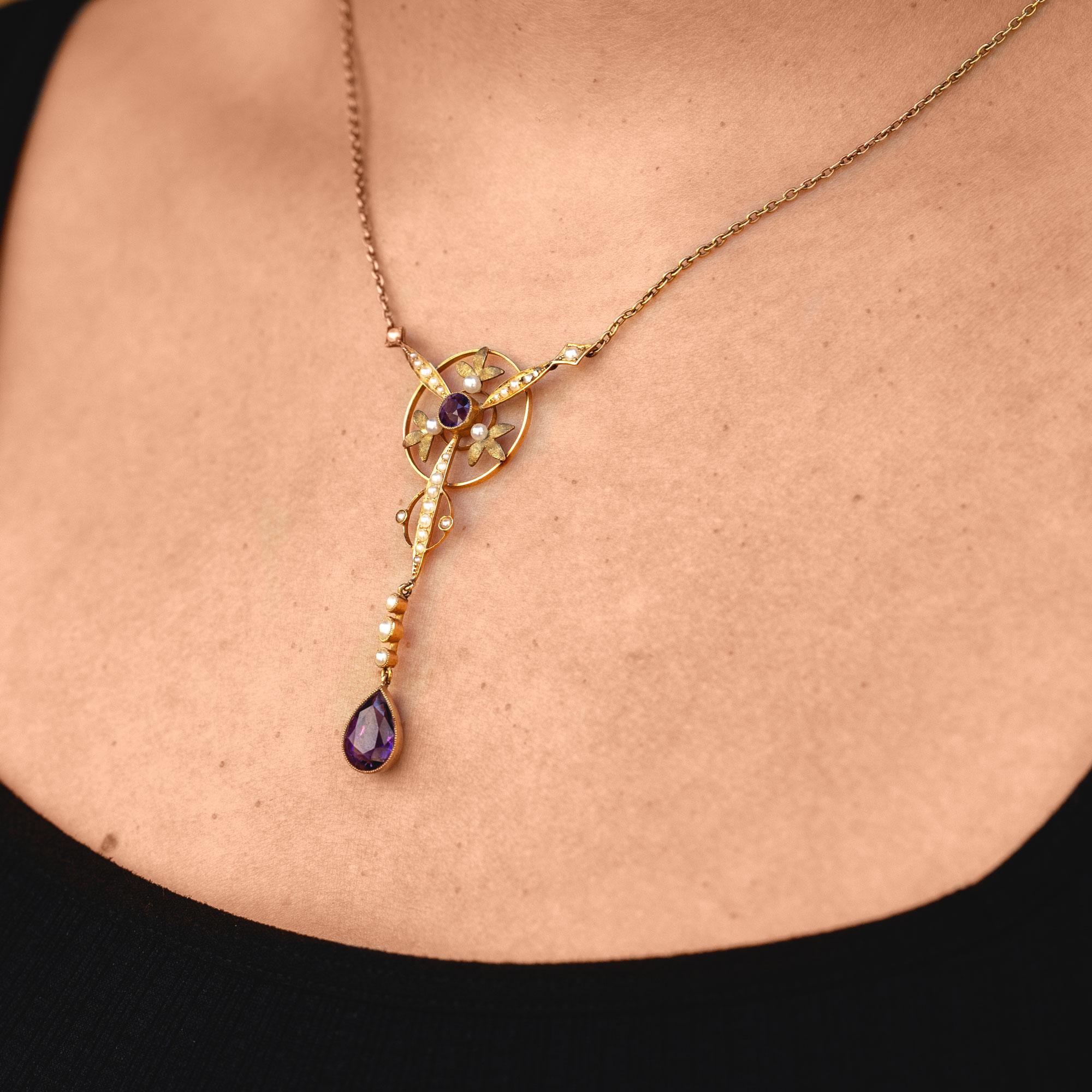 Collana Lavalier Art Nouveau con ametista e perle di mare 18k In condizioni buone in vendita a Santa Barbara, CA