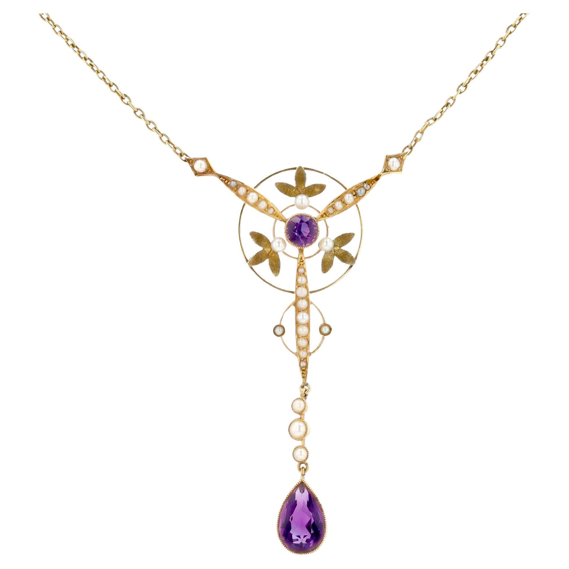 Art Nouveau Amethyst and Seed Pearl 18k Lavalier Necklace