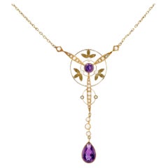 Art Nouveau Amethyst and Seed Pearl 18k Lavalier Necklace