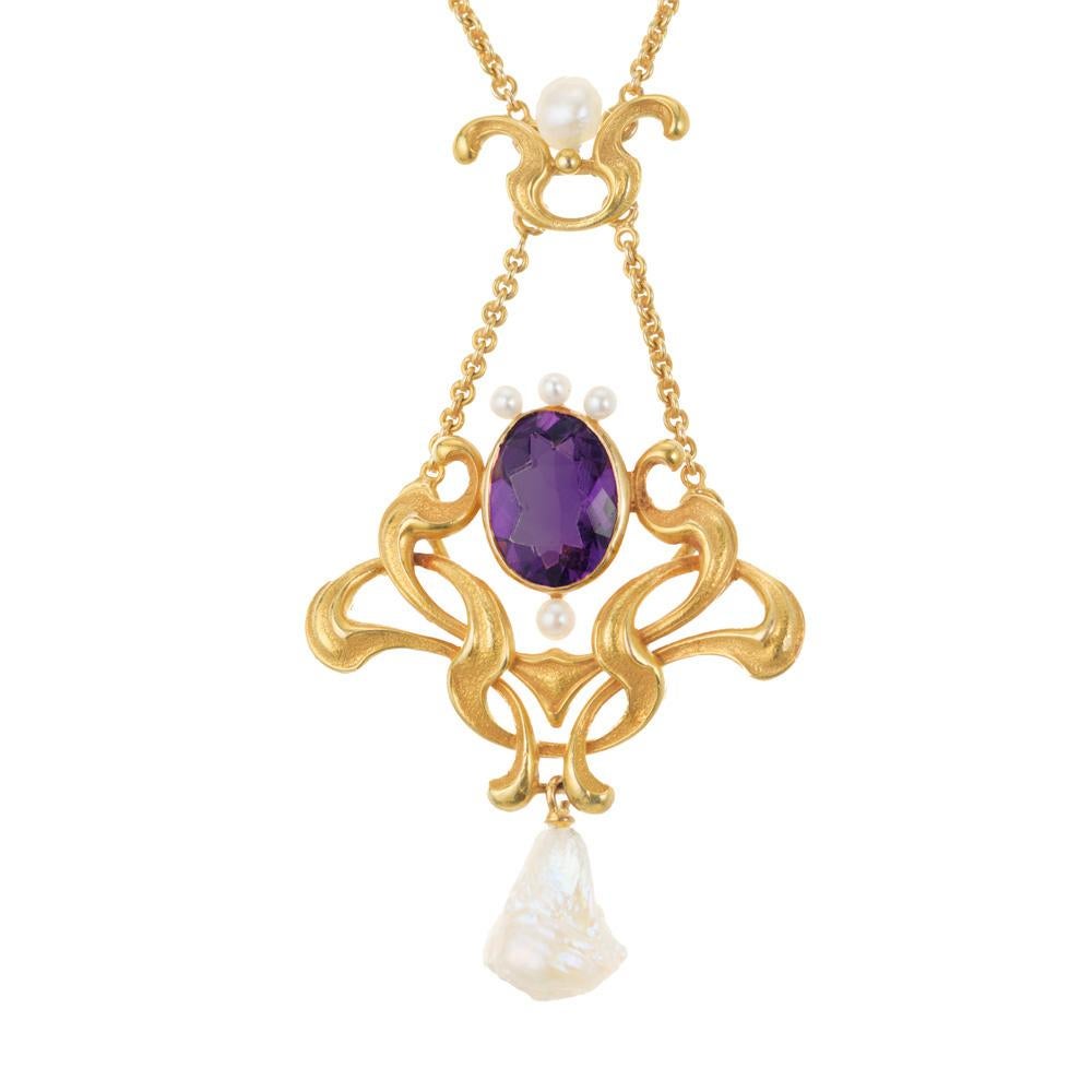 Oval Cut Art Nouveau Amethyst Baroque Pearl Yellow Gold Pendant Necklace  For Sale