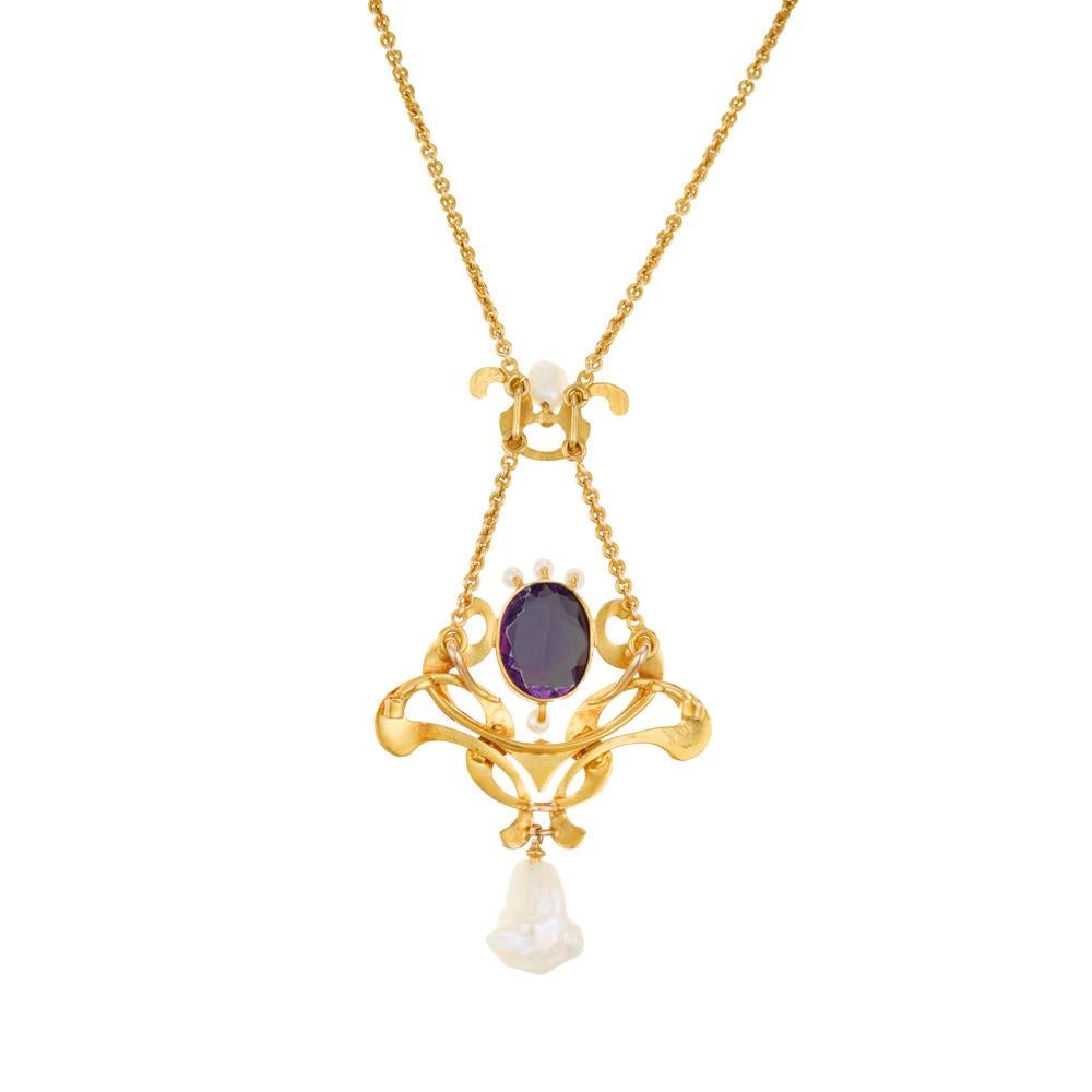 Women's Art Nouveau Amethyst Baroque Pearl Yellow Gold Pendant Necklace  For Sale