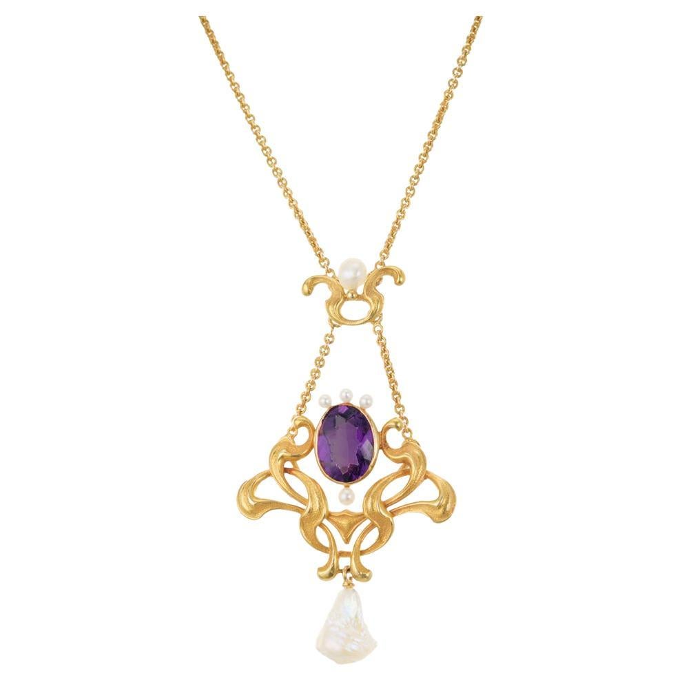 Art Nouveau Amethyst Baroque Pearl Yellow Gold Pendant Necklace  For Sale