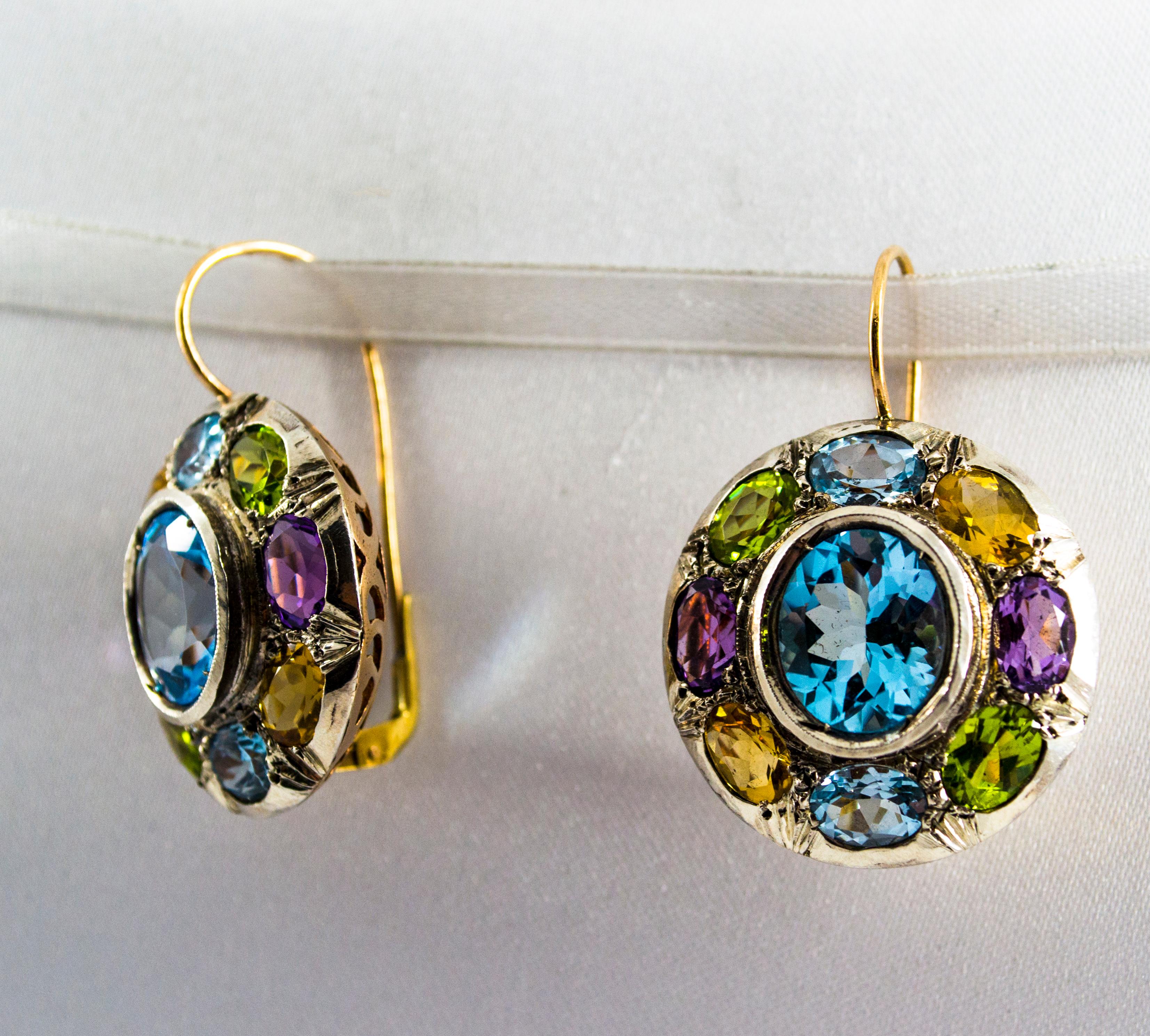 Art Nouveau Amethyst Blue Topaz Quartz Peridot Citrine Yellow Gold Earrings 6