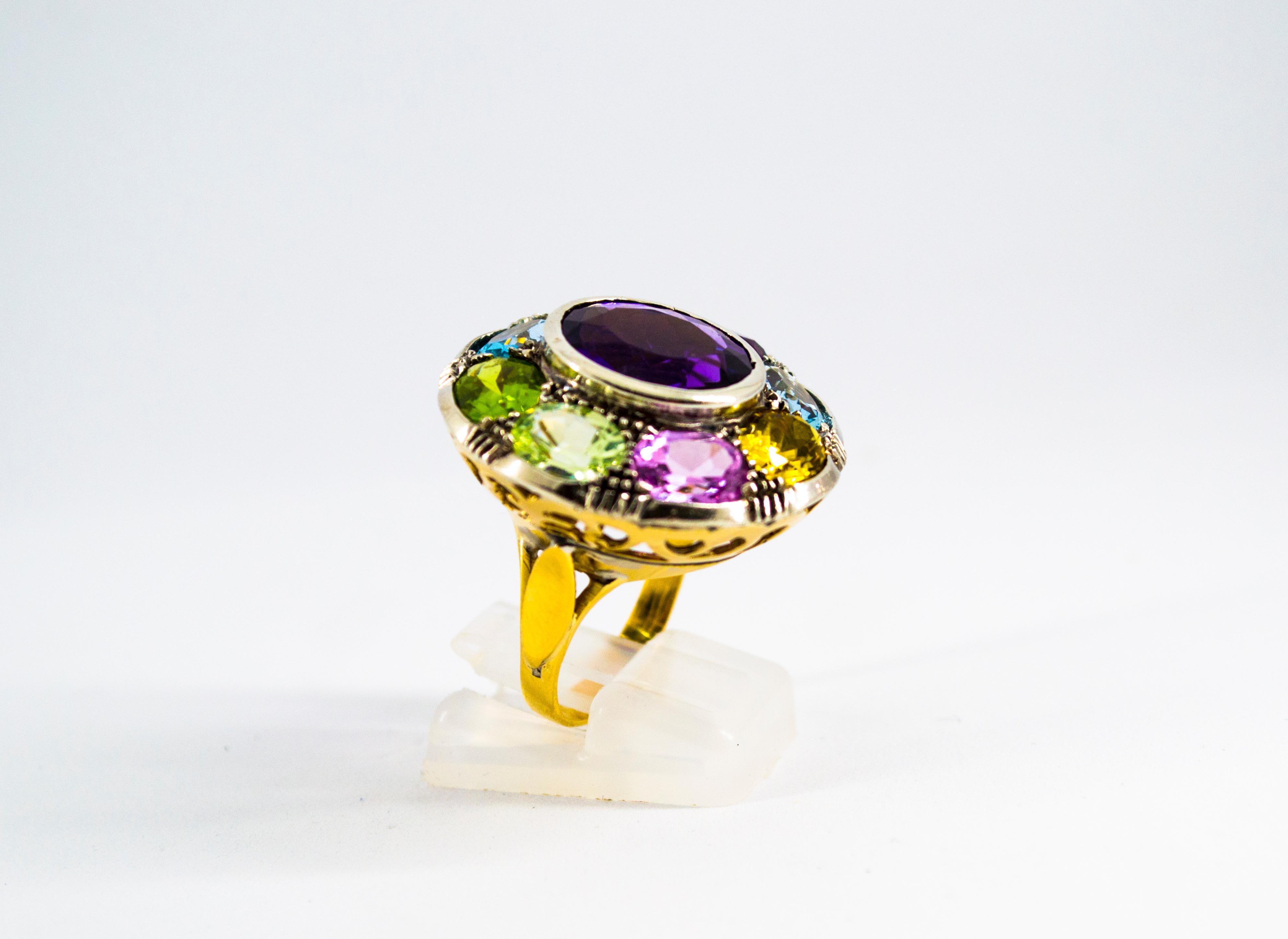 Art Nouveau Amethyst Blue Topaz Quartz Peridot Citrine Yellow Gold Cocktail Ring In New Condition In Naples, IT