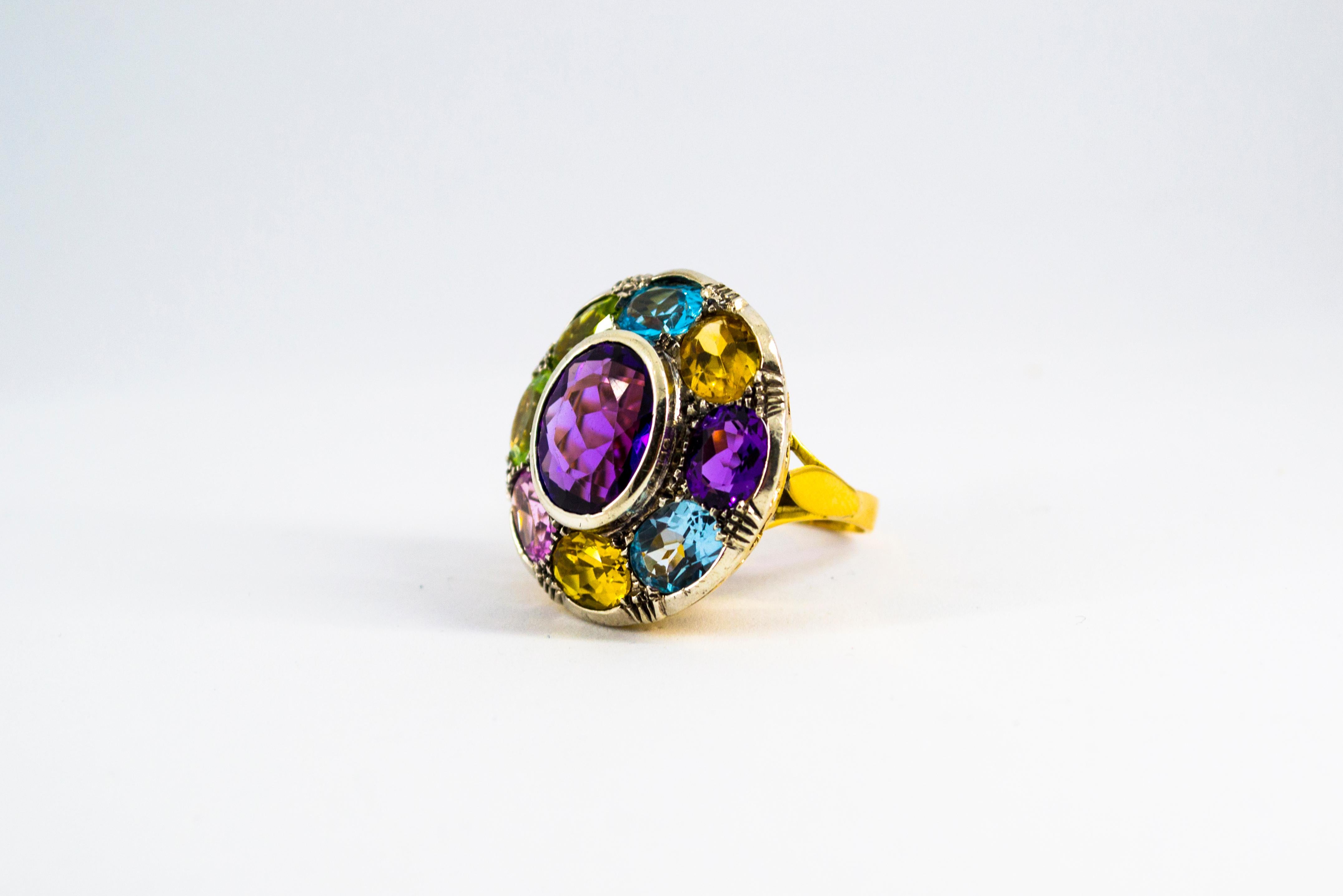 Art Nouveau Amethyst Blue Topaz Quartz Peridot Citrine Yellow Gold Cocktail Ring In New Condition In Naples, IT