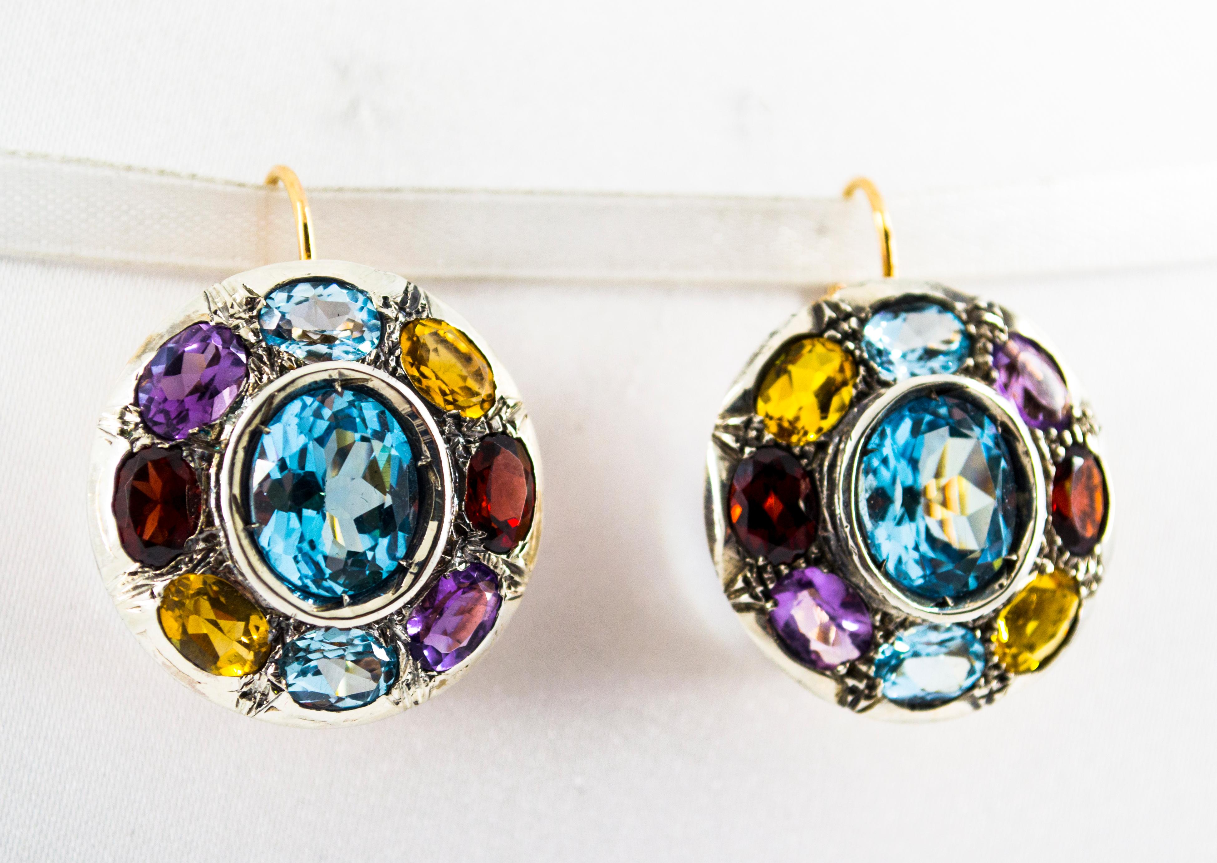 Women's or Men's Art Nouveau Amethyst Blue Topaz Quartz Peridot Citrine Yellow Gold Earrings