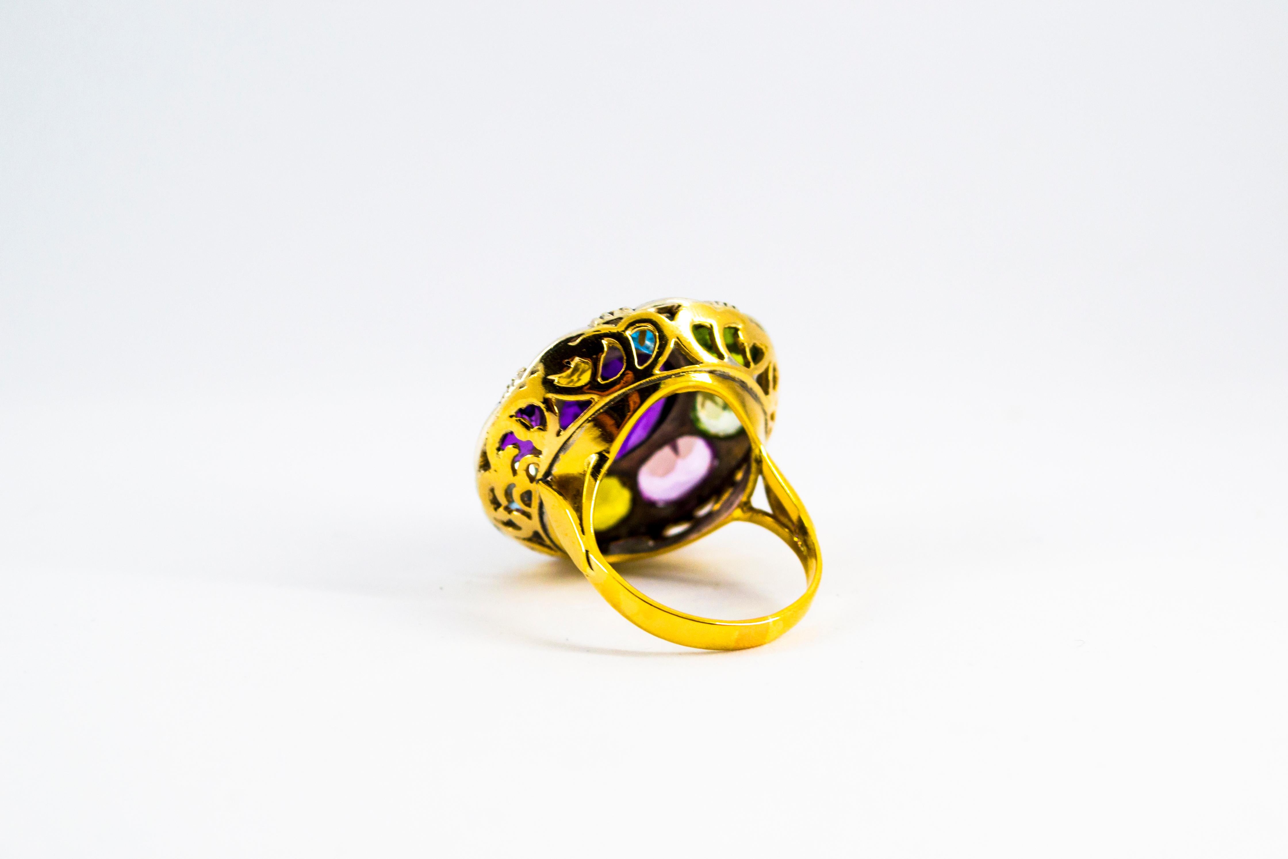 Art Nouveau Amethyst Blue Topaz Quartz Peridot Citrine Yellow Gold Cocktail Ring 2