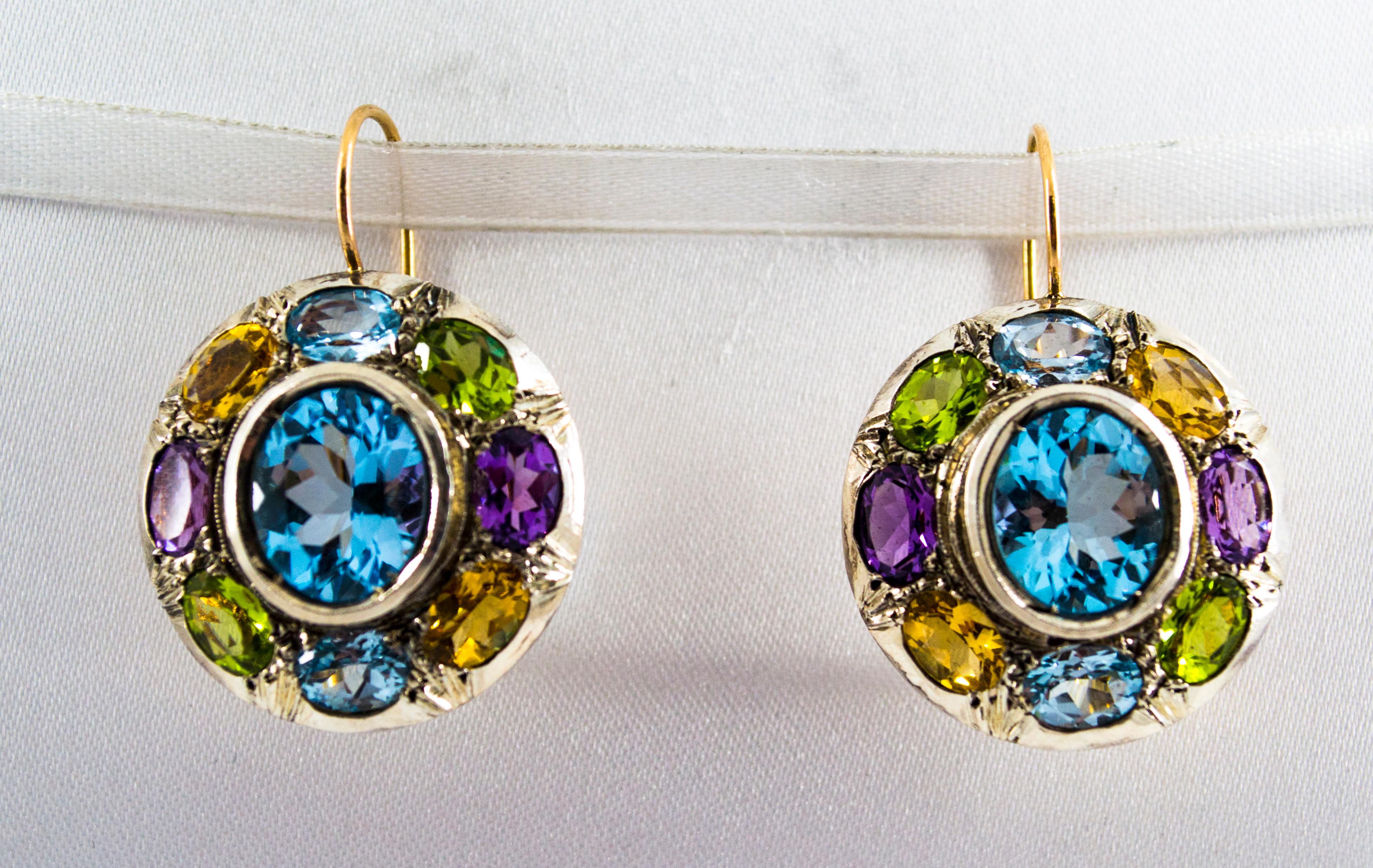 Art Nouveau Amethyst Blue Topaz Quartz Peridot Citrine Yellow Gold Earrings 3