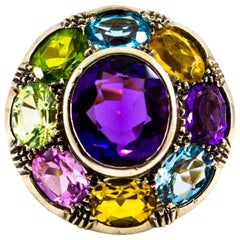 Vintage Art Nouveau Amethyst Blue Topaz Quartz Peridot Citrine Yellow Gold Cocktail Ring