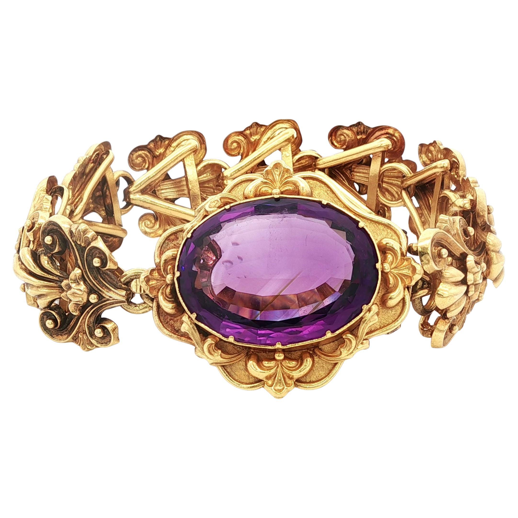 Art Nouveau Amethyst Bracelet 18K Yellow Gold For Sale