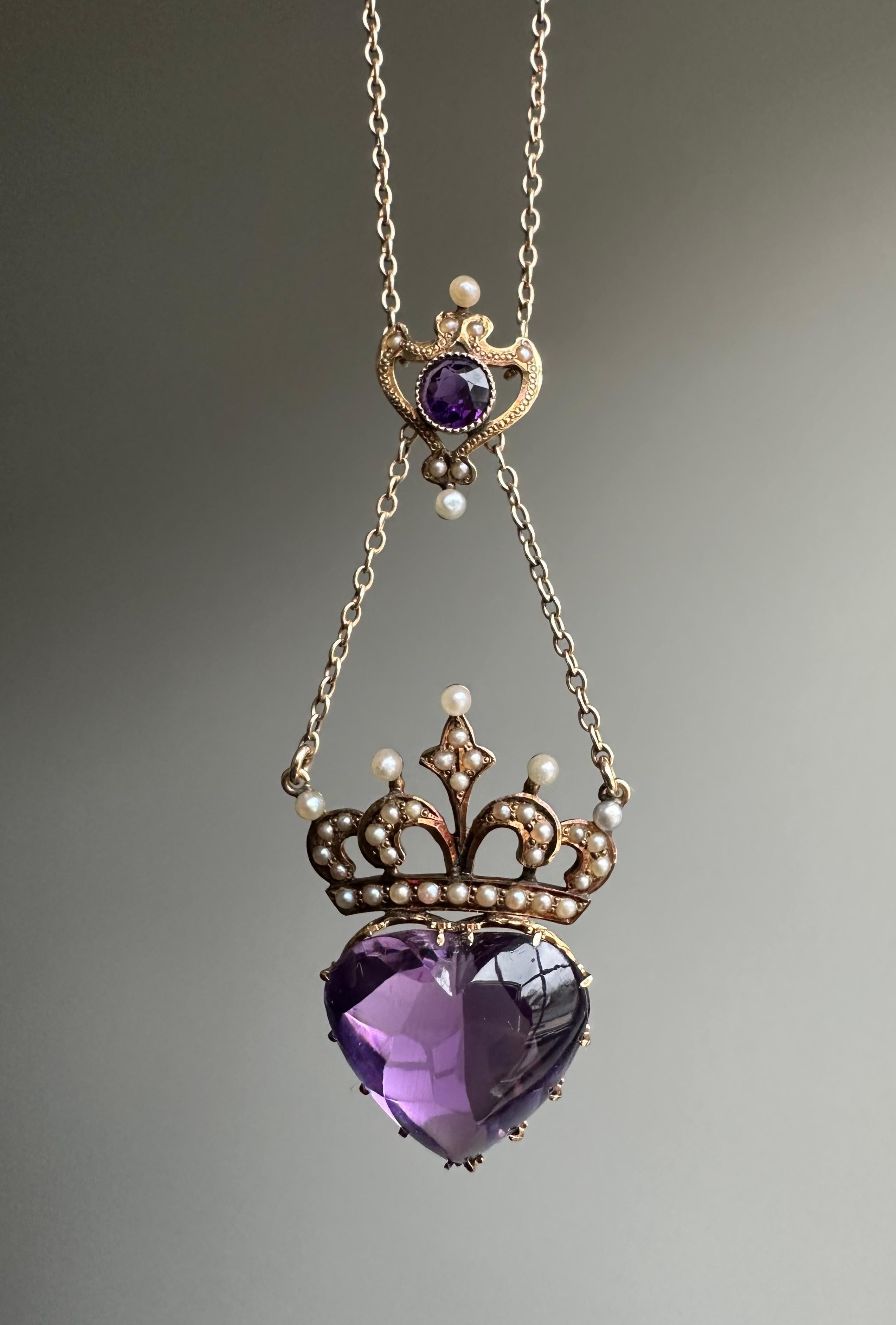 Heart Cut Art Nouveau Amethyst Crowned Heart Lavaliere Necklace