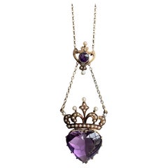 Art Nouveau Amethyst Crowned Heart Lavaliere Necklace