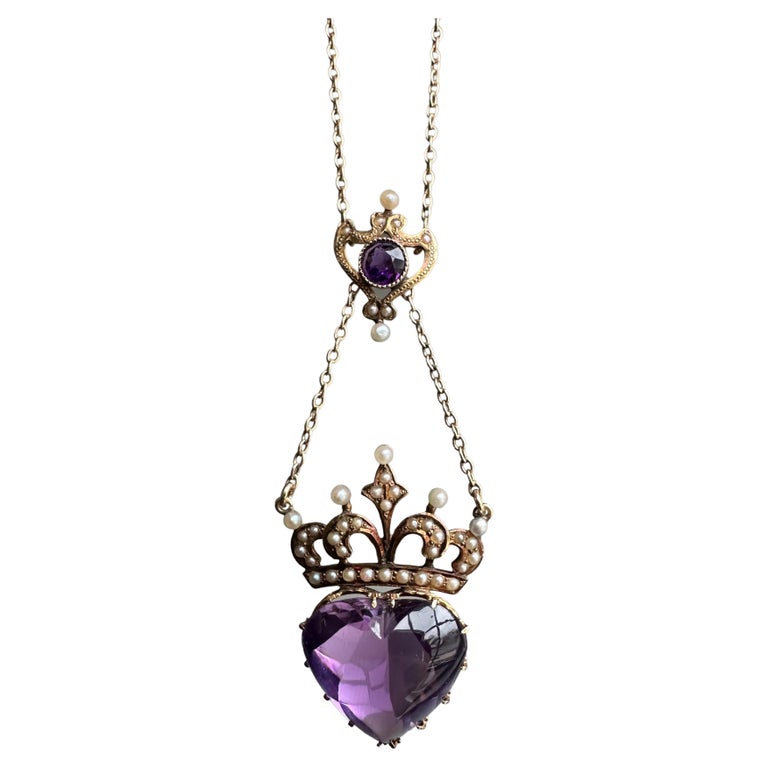 Art Nouveau Amethyst Crowned Heart Lavaliere Necklace For Sale at 1stDibs
