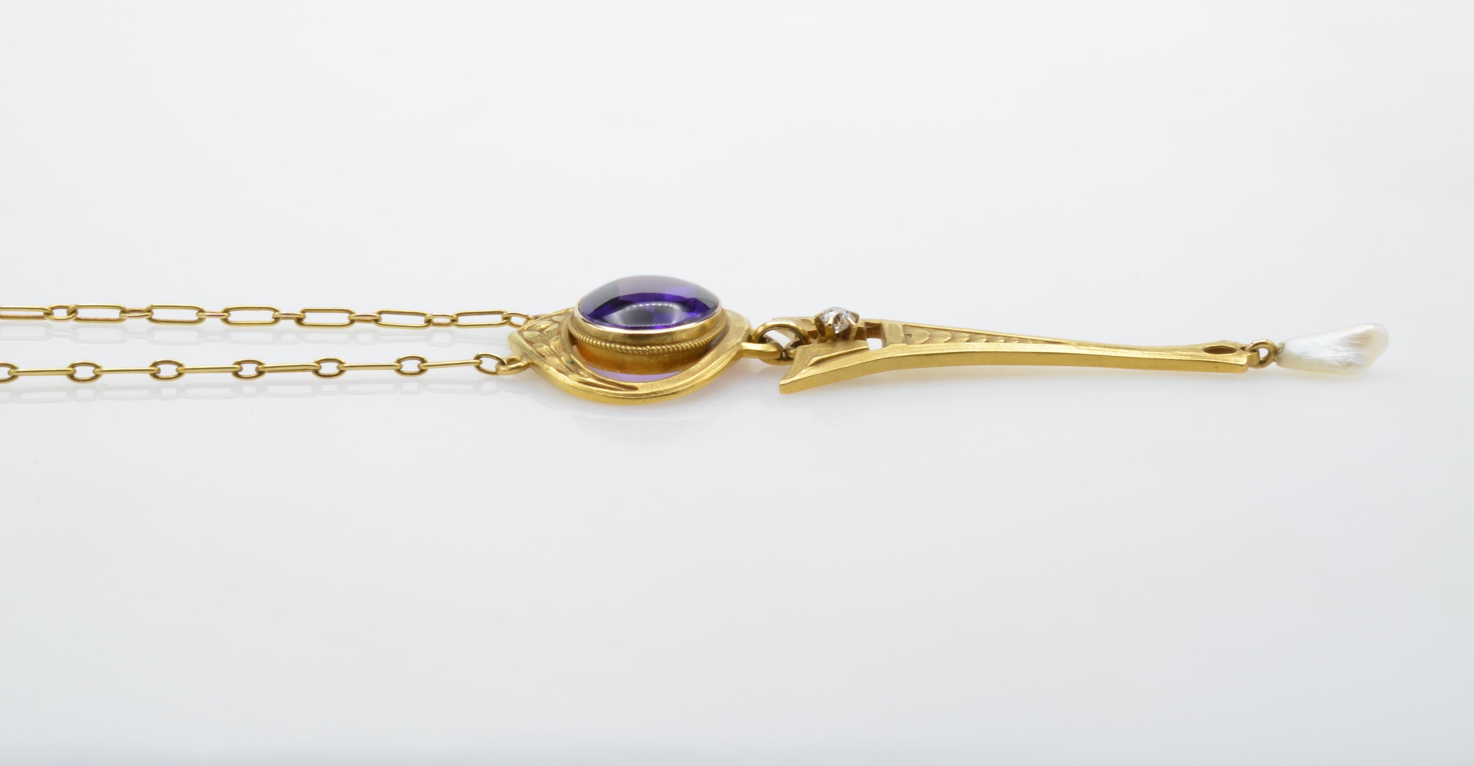 Art Nouveau Amethyst, Diamond and Pearl Drop 14 Karat Gold Necklace In Excellent Condition In Berkeley, CA