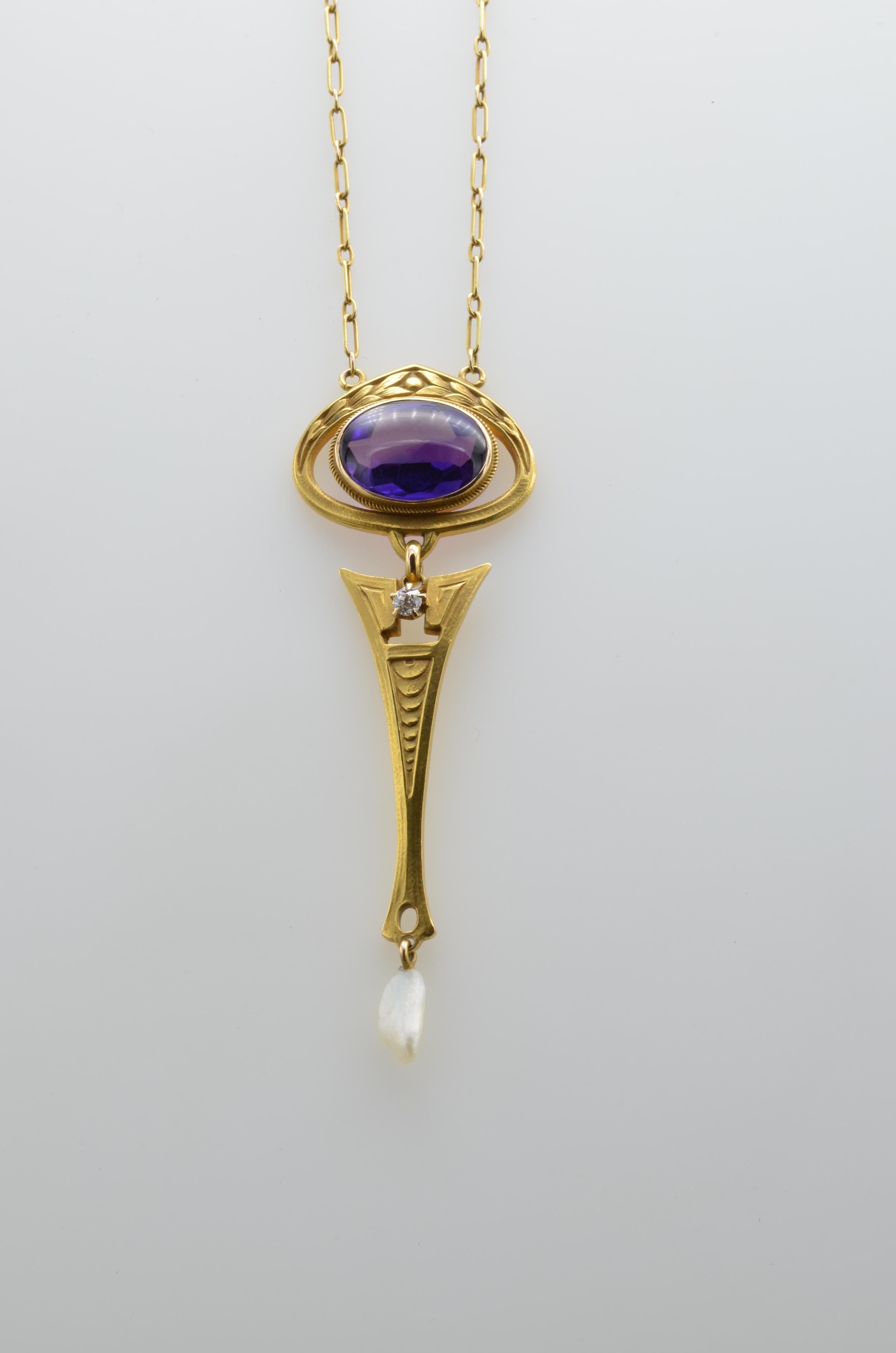 Women's or Men's Art Nouveau Amethyst, Diamond and Pearl Drop 14 Karat Gold Necklace
