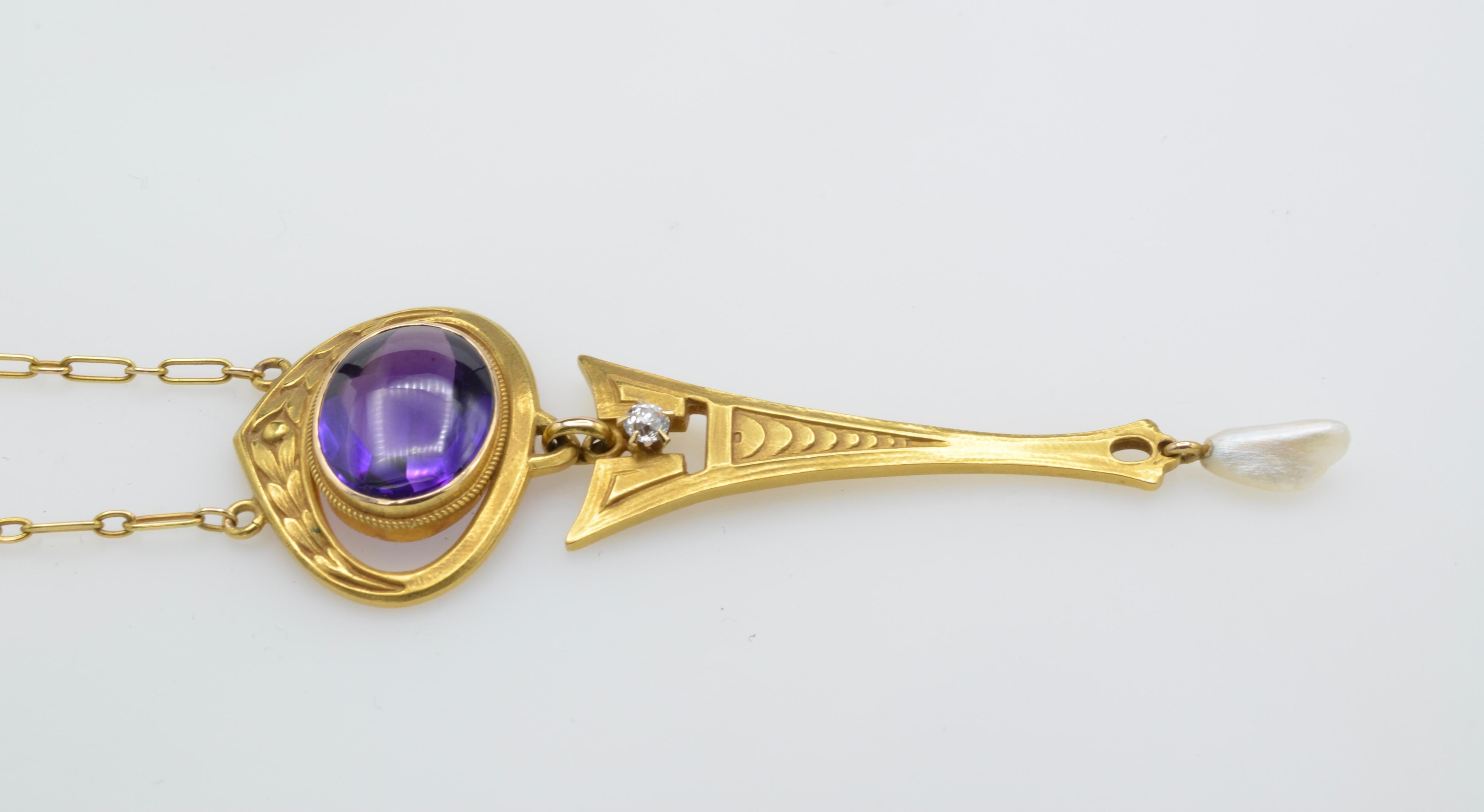 Art Nouveau Amethyst, Diamond and Pearl Drop 14 Karat Gold Necklace 1