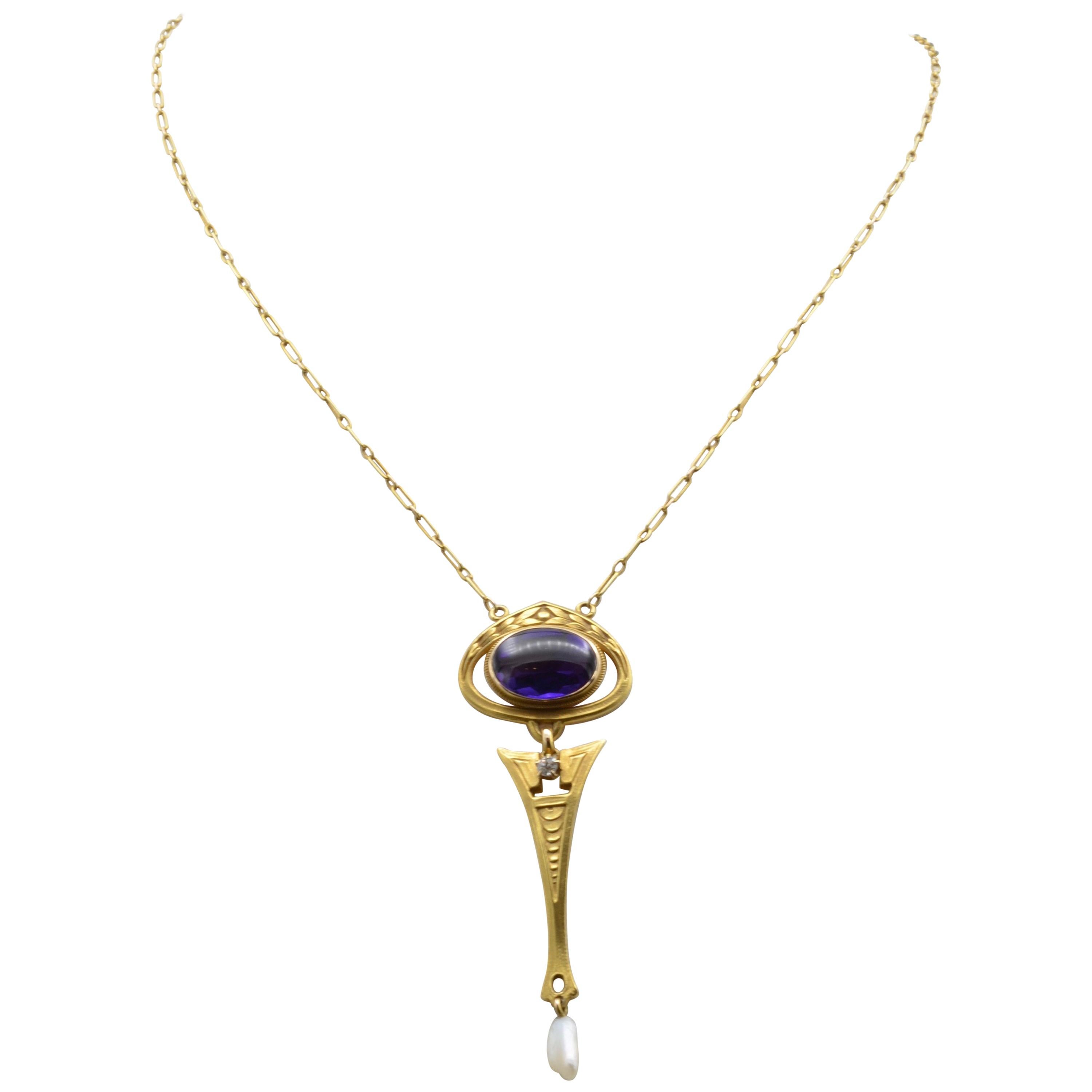 Art Nouveau Amethyst, Diamond and Pearl Drop 14 Karat Gold Necklace