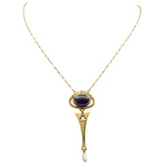 Art Nouveau Amethyst, Diamond and Pearl Drop 14 Karat Gold Necklace