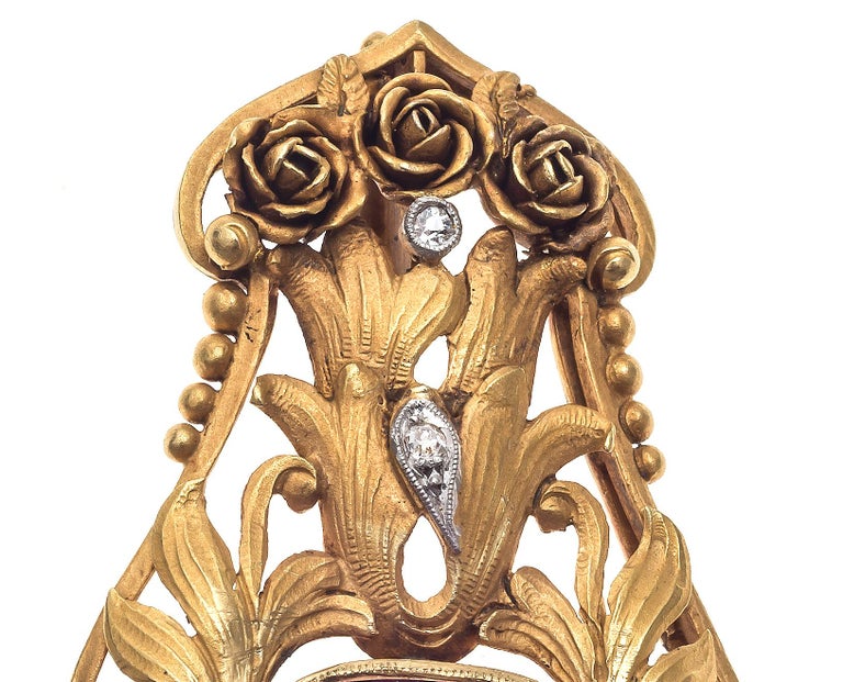 Mixed Cut Art Nouveau Amethyst Diamond Platinum Gold Roses Brooch For Sale