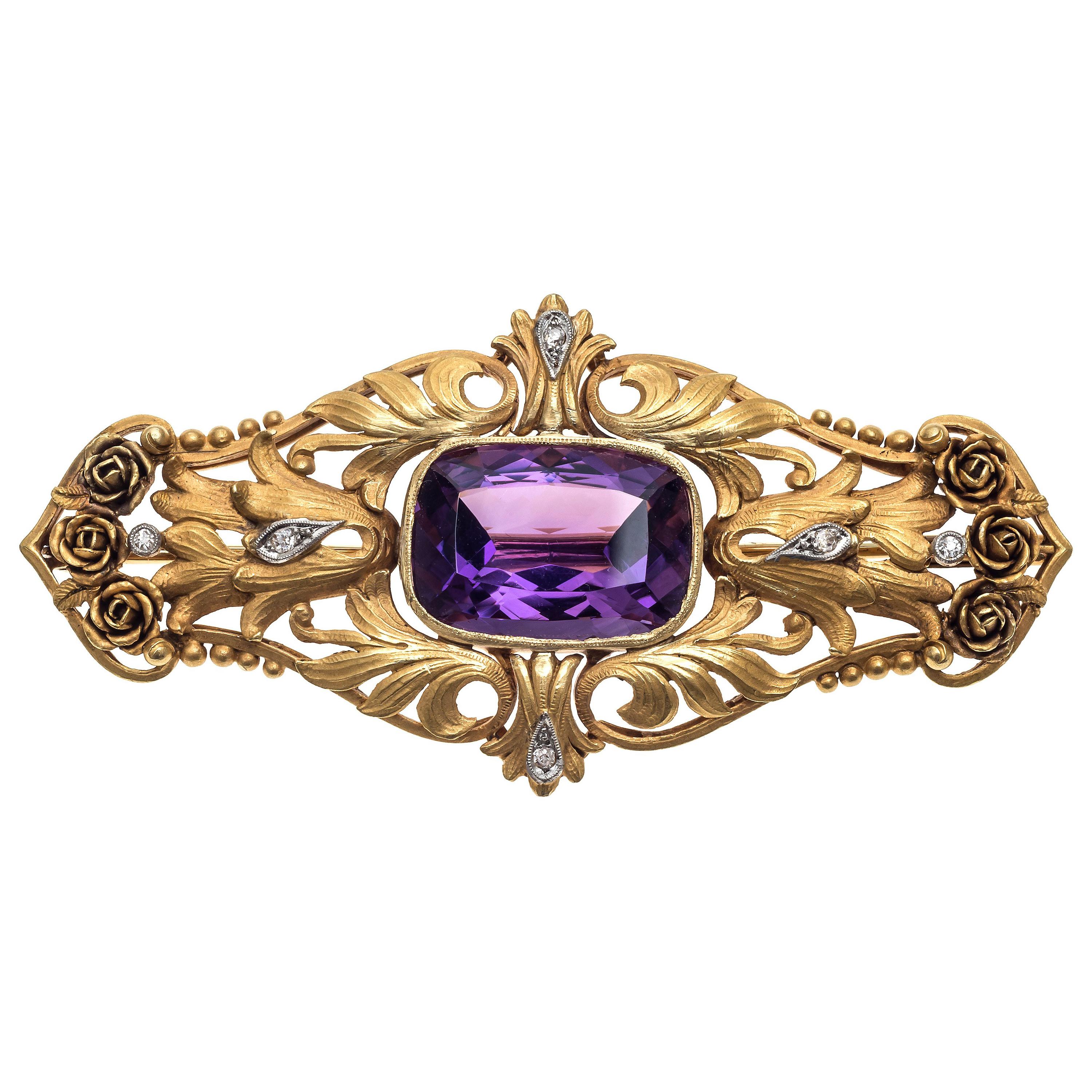 Spilla Art Nouveau Ametista Diamante Oro Platino Rose