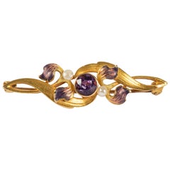 Art Nouveau Amethyst Enamel Gold Pin by Krementz, circa 1900