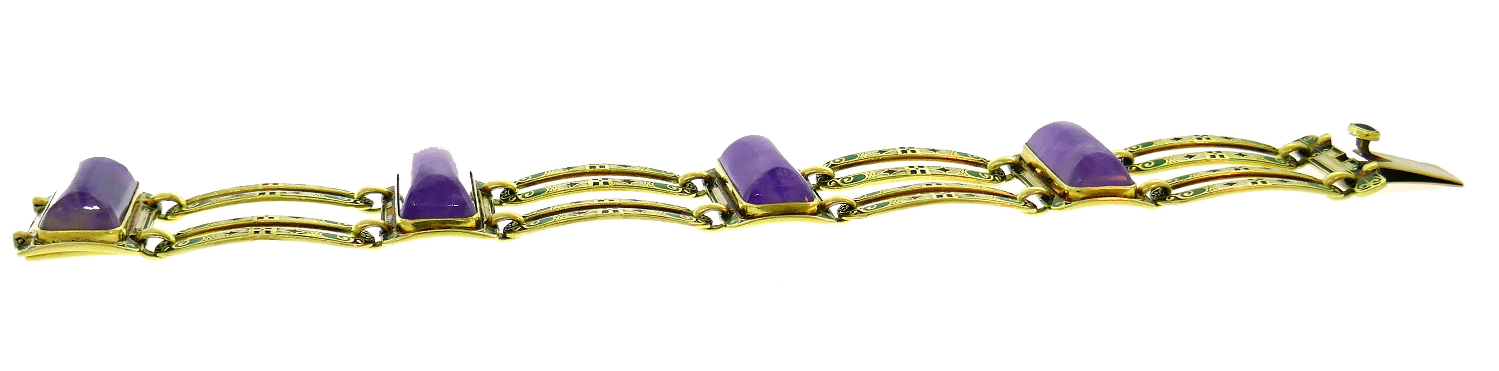 Women's Art Nouveau Amethyst Enamel Yellow Gold Bracelet