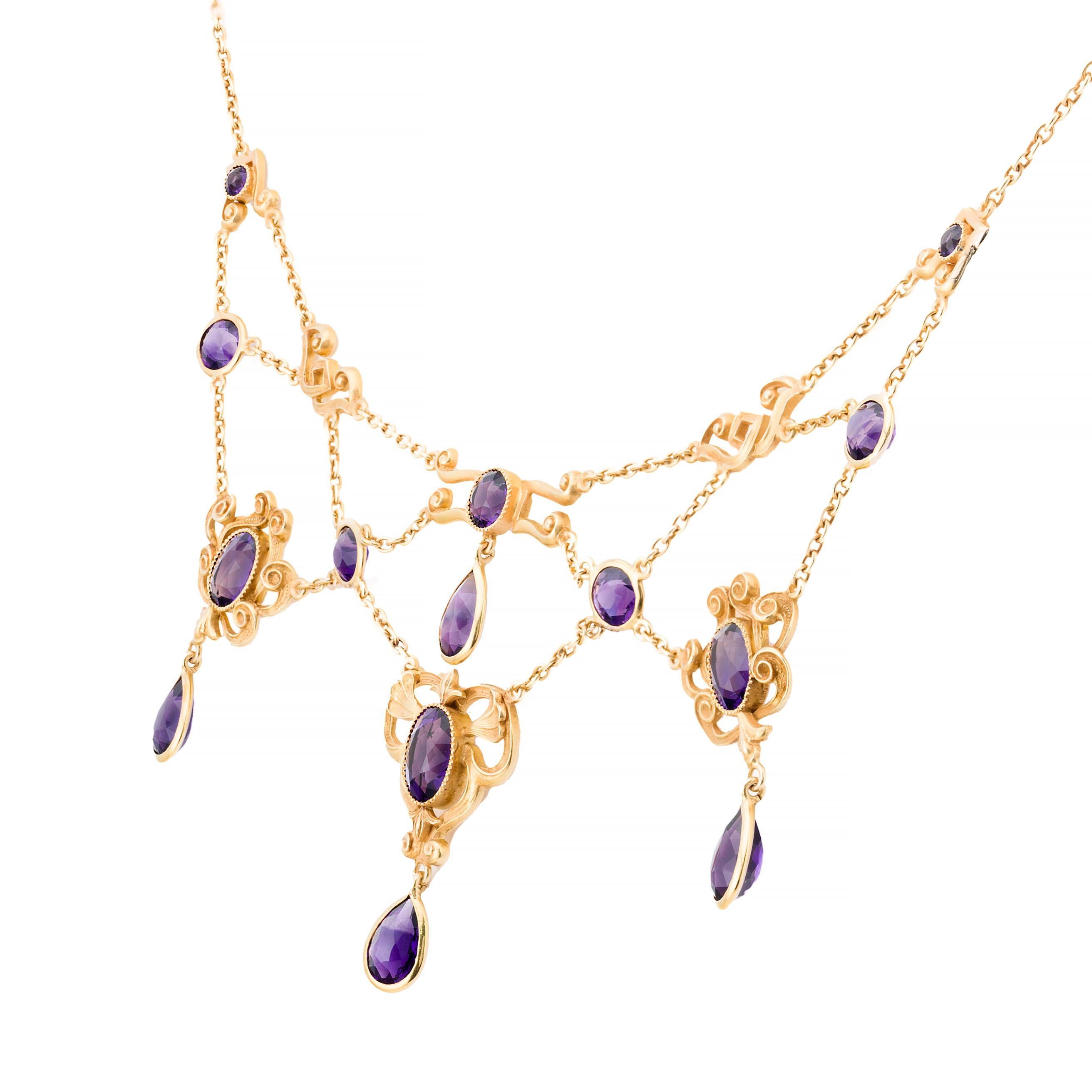 Mixed Cut Art Nouveau Amethyst Festoon Necklace in 14 Karat Yellow Gold by Durand For Sale