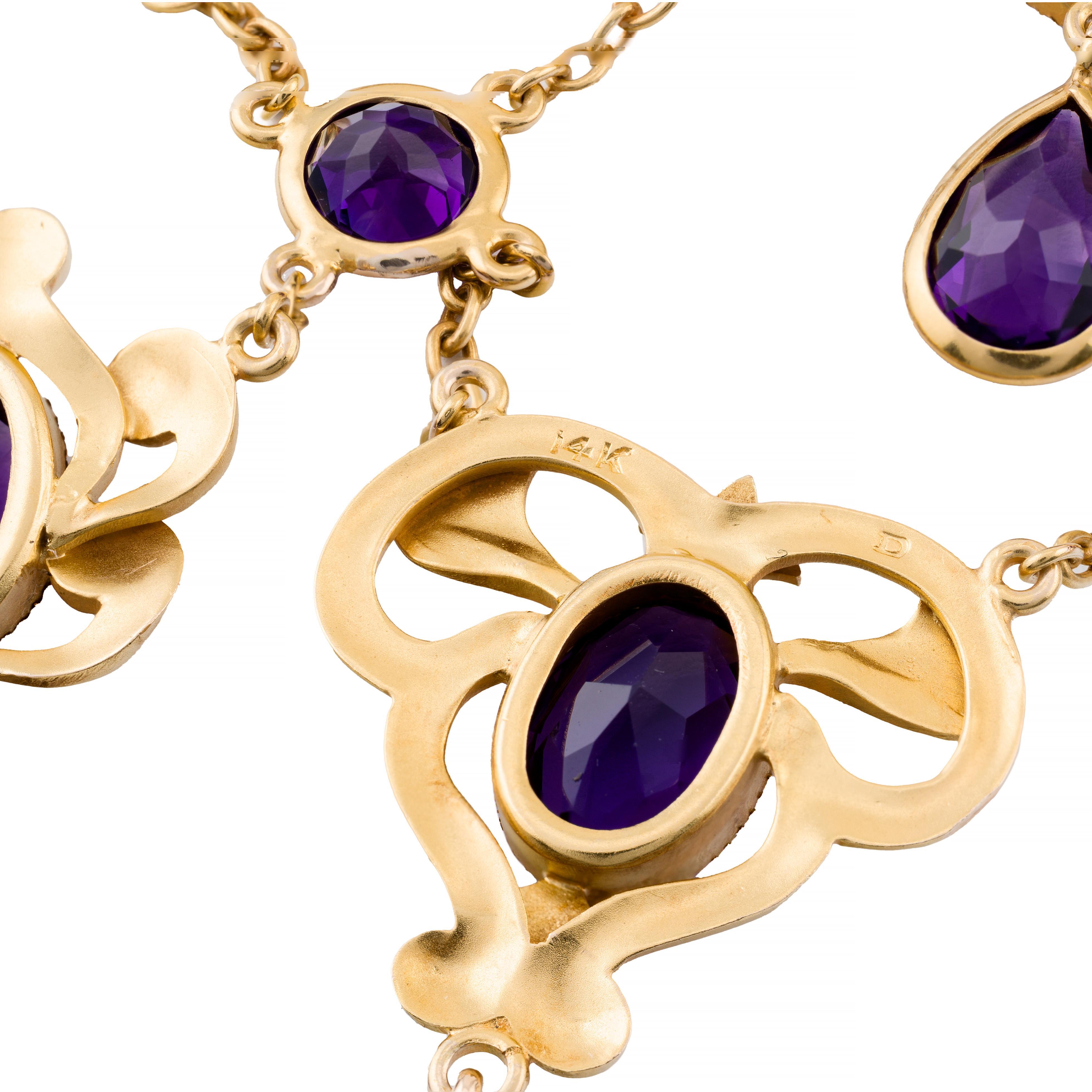 Art Nouveau Amethyst Festoon Necklace in 14 Karat Yellow Gold by Durand For Sale 1
