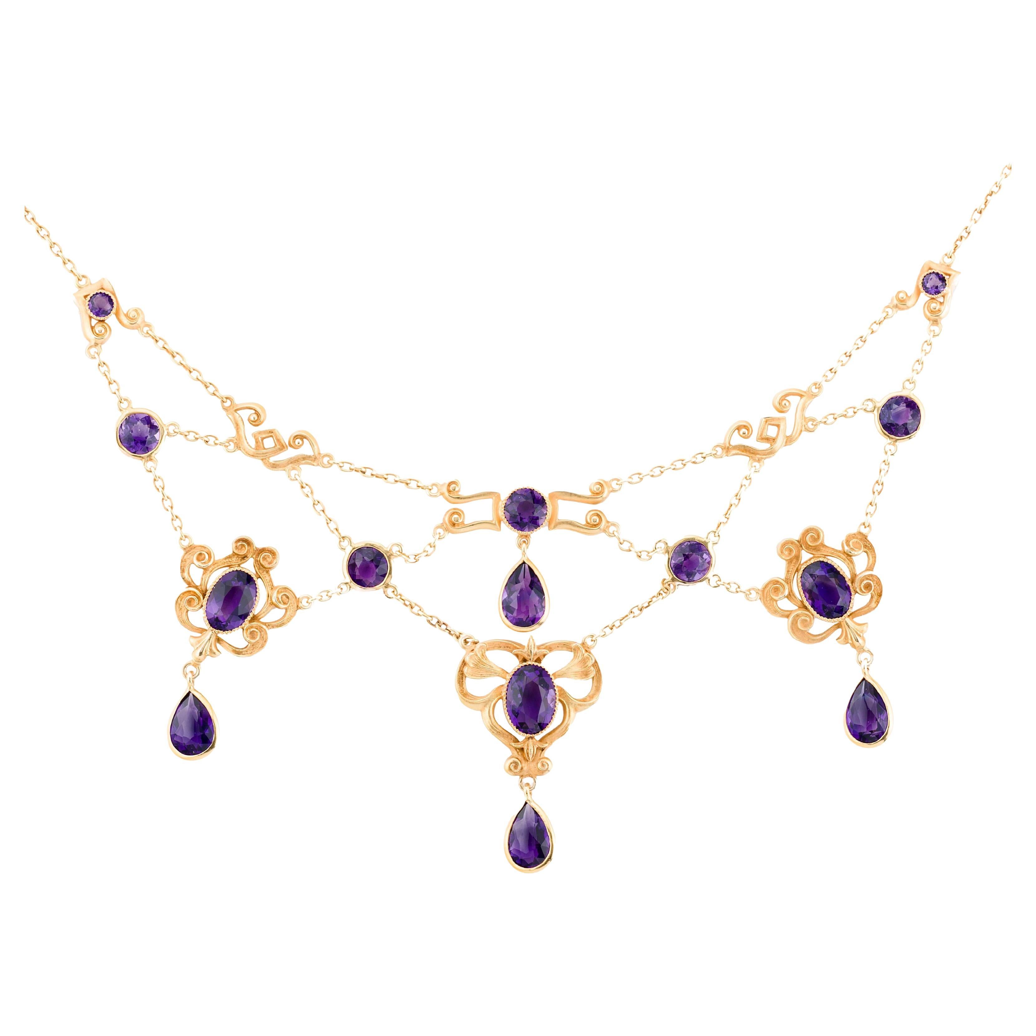Art Nouveau Amethyst Festoon Necklace in 14 Karat Yellow Gold by Durand