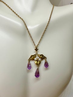 Art Nouveau Amethyst Flower Pendant Necklace Poppy Lotus 14 Karat Green Gold