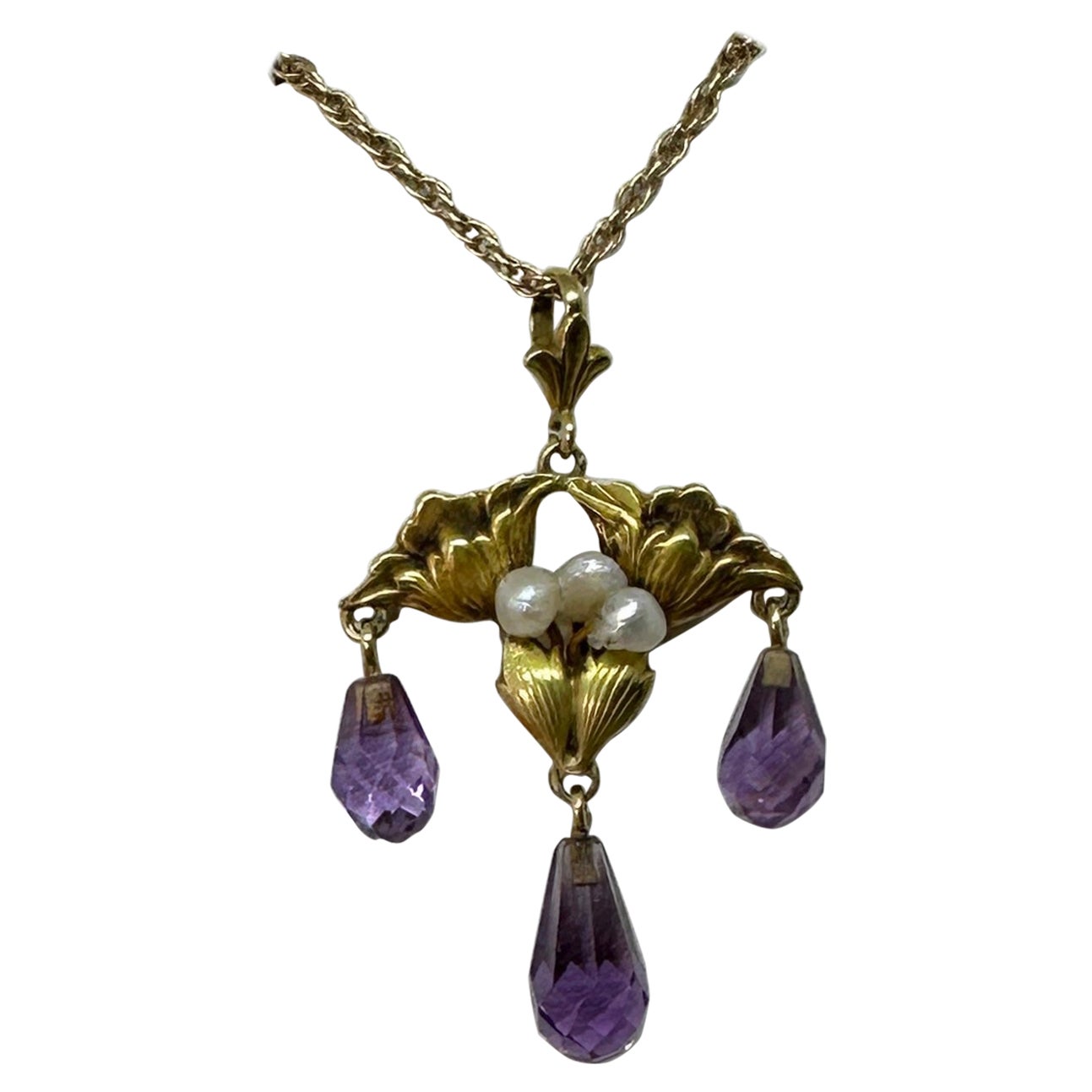 Jugendstil Amethyst-Blumenanhänger-Halskette mit Anhänger, Mohnblumen-Lotus 14 Karat Grüngold im Angebot