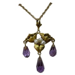 Art Nouveau Amethyst Flower Pendant Necklace Poppy Lotus 14 Karat Green Gold