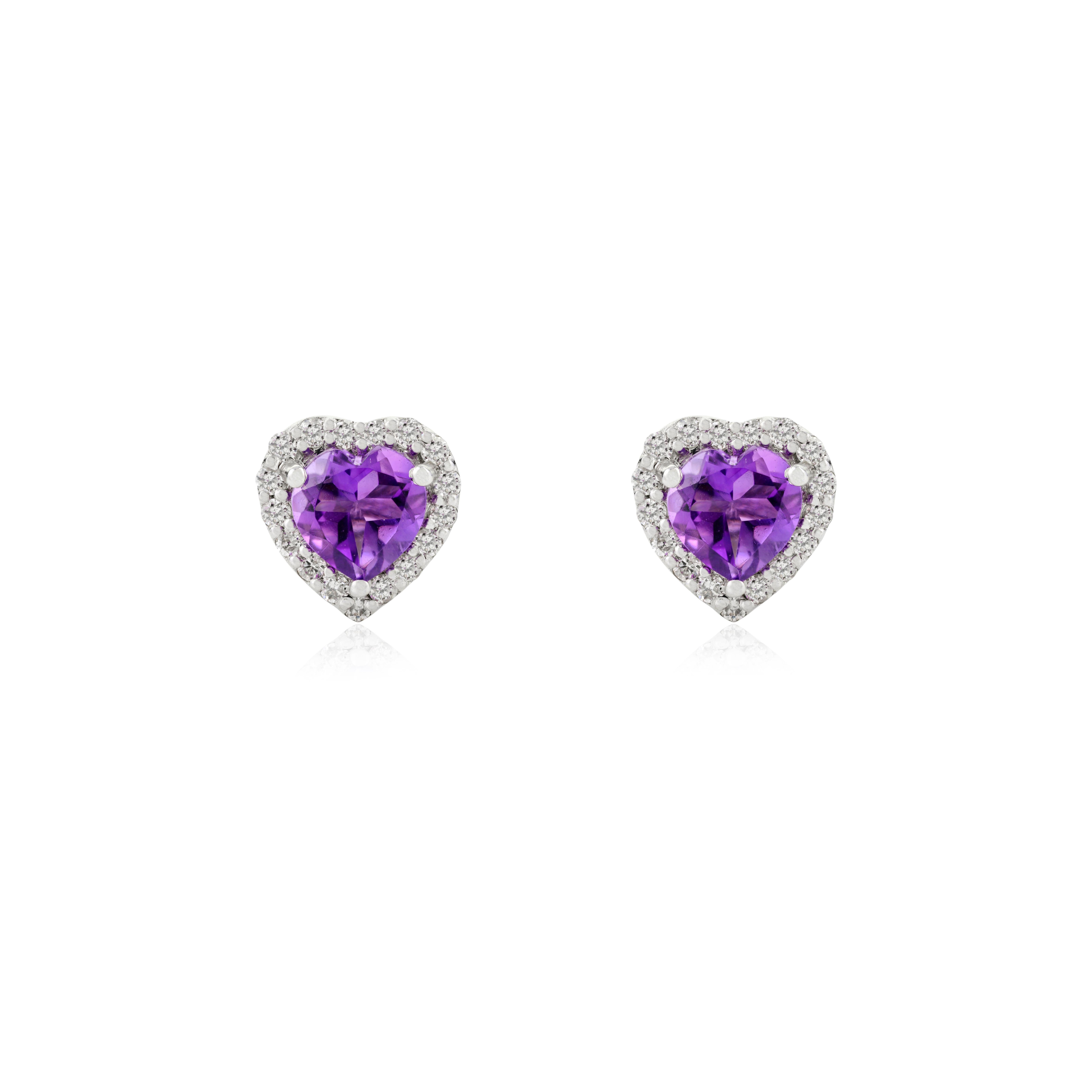 1.3 CTW Amethyst Halo Diamond Heart Shape Stud Earrings in 14k White Gold to make a statement with your look. You shall need stud earrings to make a statement with your look. These earrings create a sparkling, luxurious look featuring heart cut