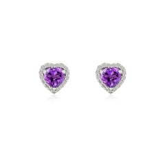 Art Nouveau Amethyst Halo Diamond Heart Shape Stud Earrings in 14k White Gold