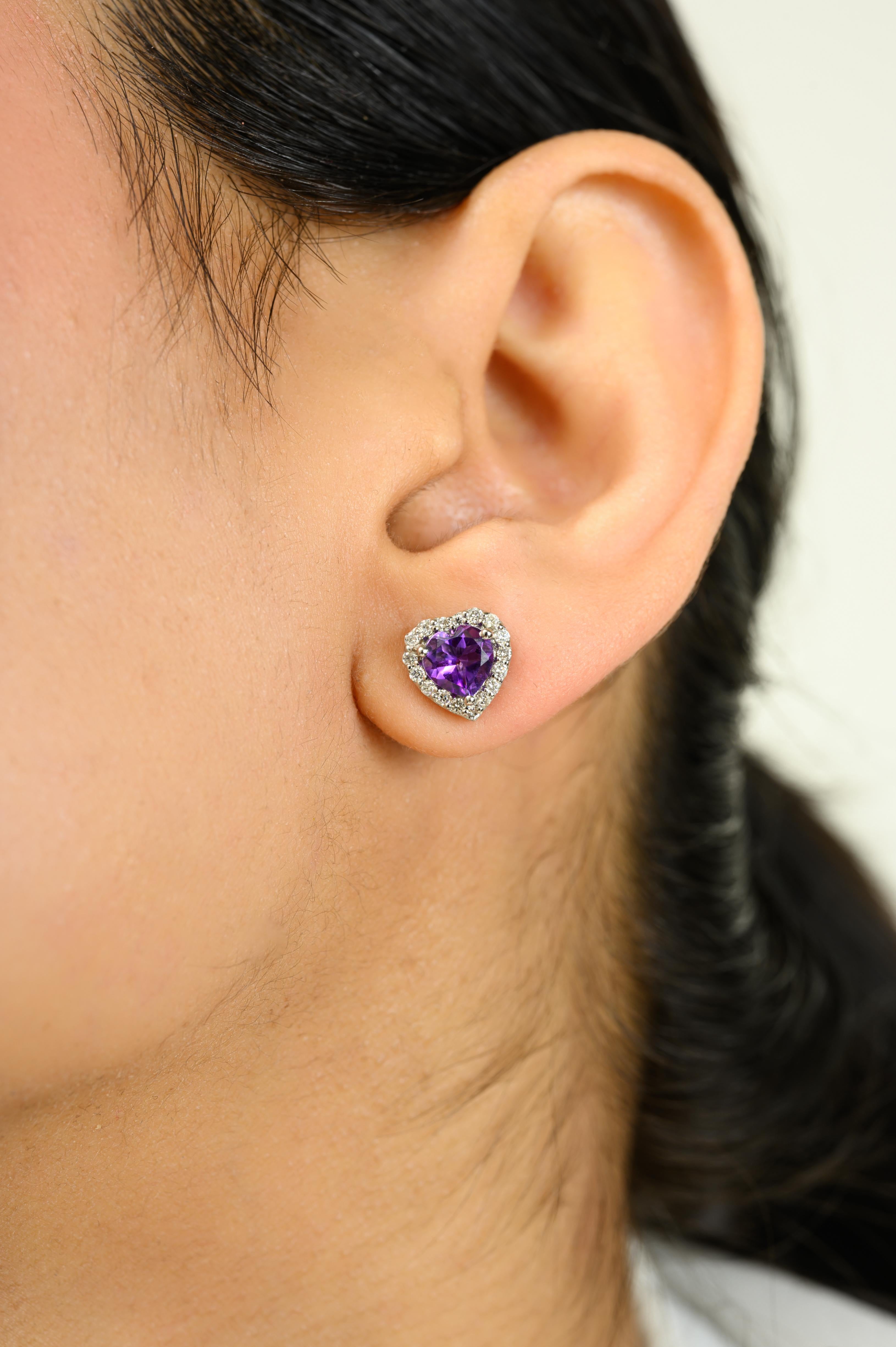 Artisan Art Nouveau Amethyst Halo Diamond Heart Shape Stud Earrings in 14k White Gold For Sale