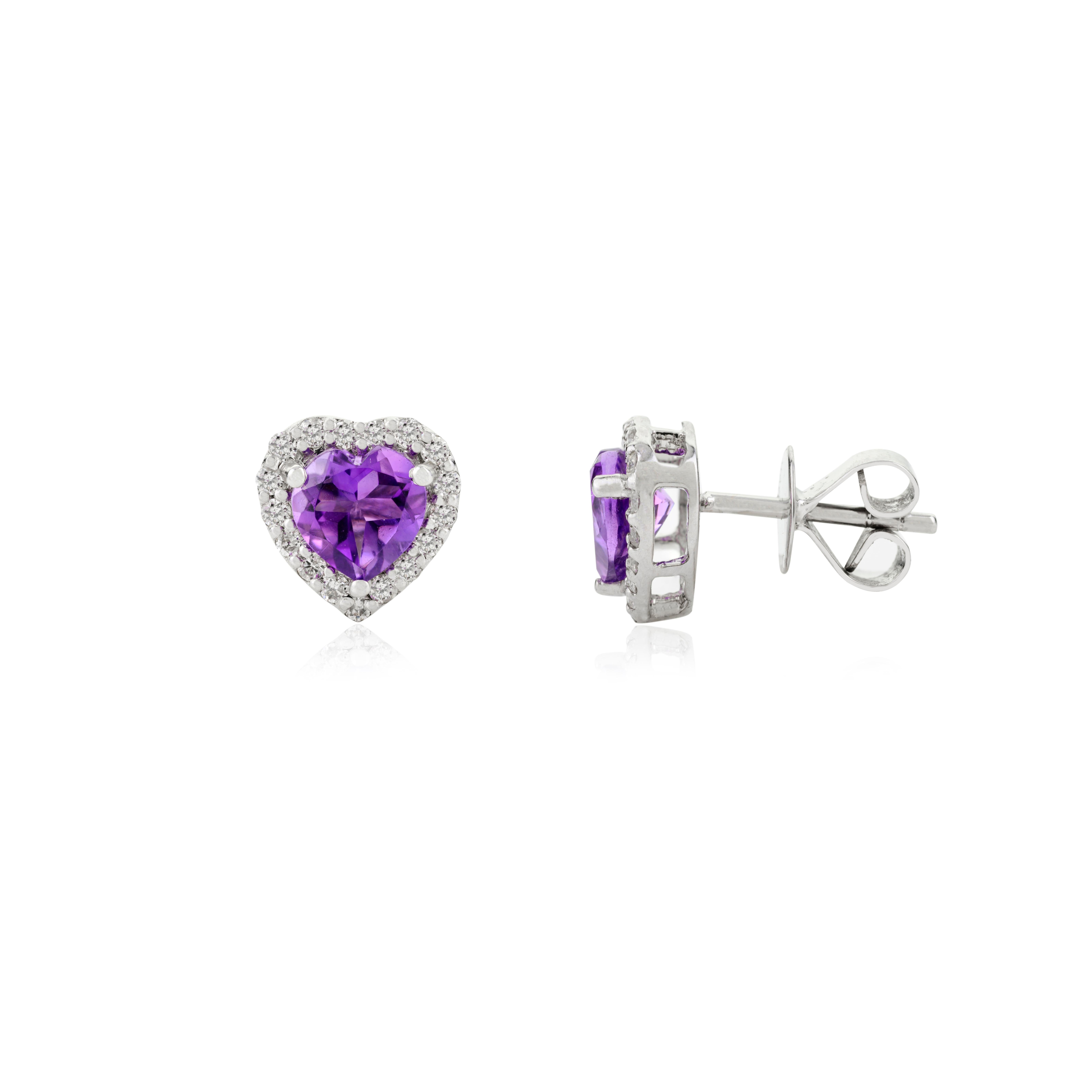 Heart Cut Art Nouveau Amethyst Halo Diamond Heart Shape Stud Earrings in 14k White Gold For Sale