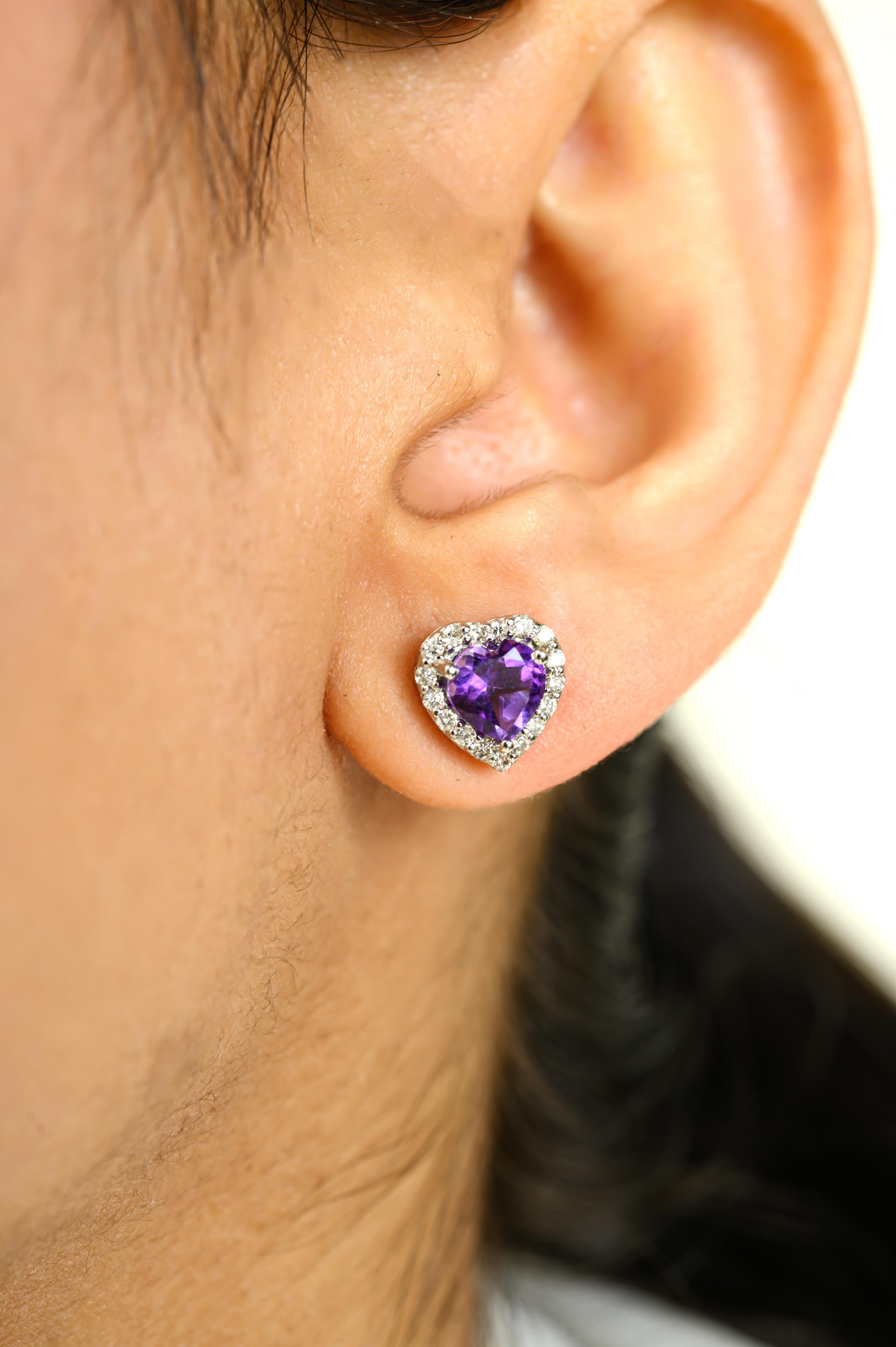 Art Nouveau Amethyst Halo Diamond Heart Shape Stud Earrings in 14k White Gold In New Condition For Sale In New York, NY