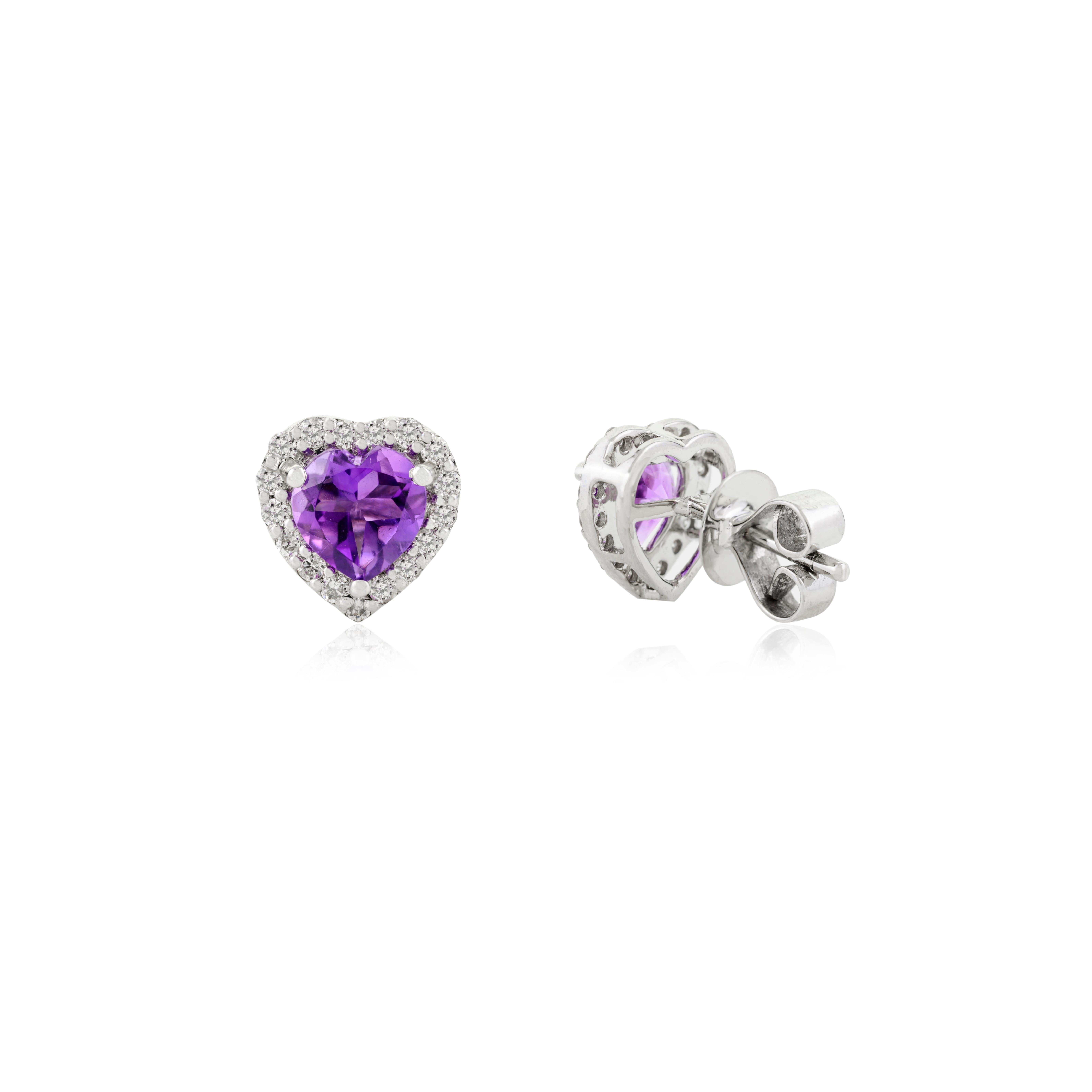 Women's Art Nouveau Amethyst Halo Diamond Heart Shape Stud Earrings in 14k White Gold For Sale