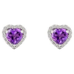 Art Nouveau Amethyst Halo Diamond Heart Shape Stud Earrings in 14k White Gold
